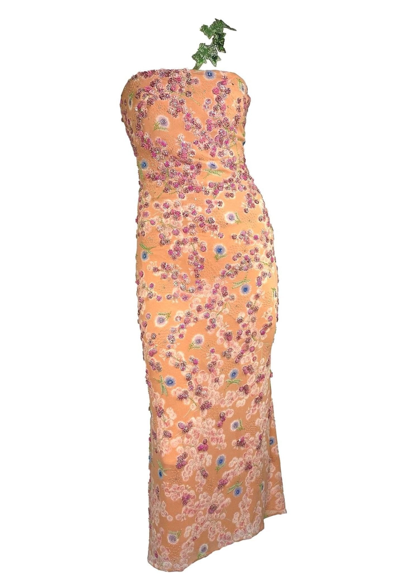 S/S 1997 Atelier Versace by Gianni Beaded Floral Dress Corset Removable Strap - RealList