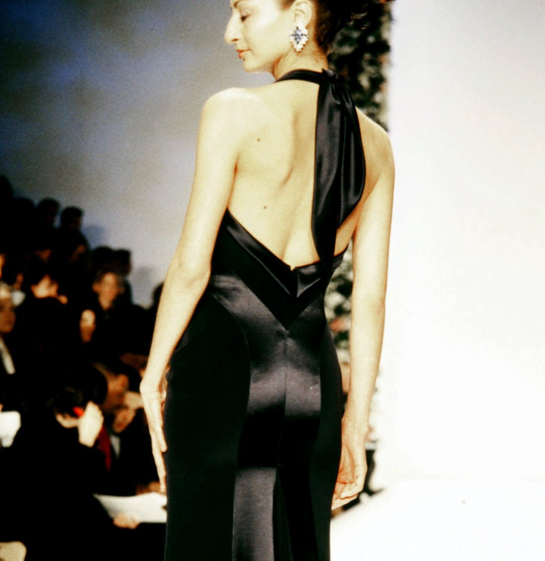 S/S 1997 Bob Mackie Runway Black Halterneck Satin Panel Backless Gown - RealList