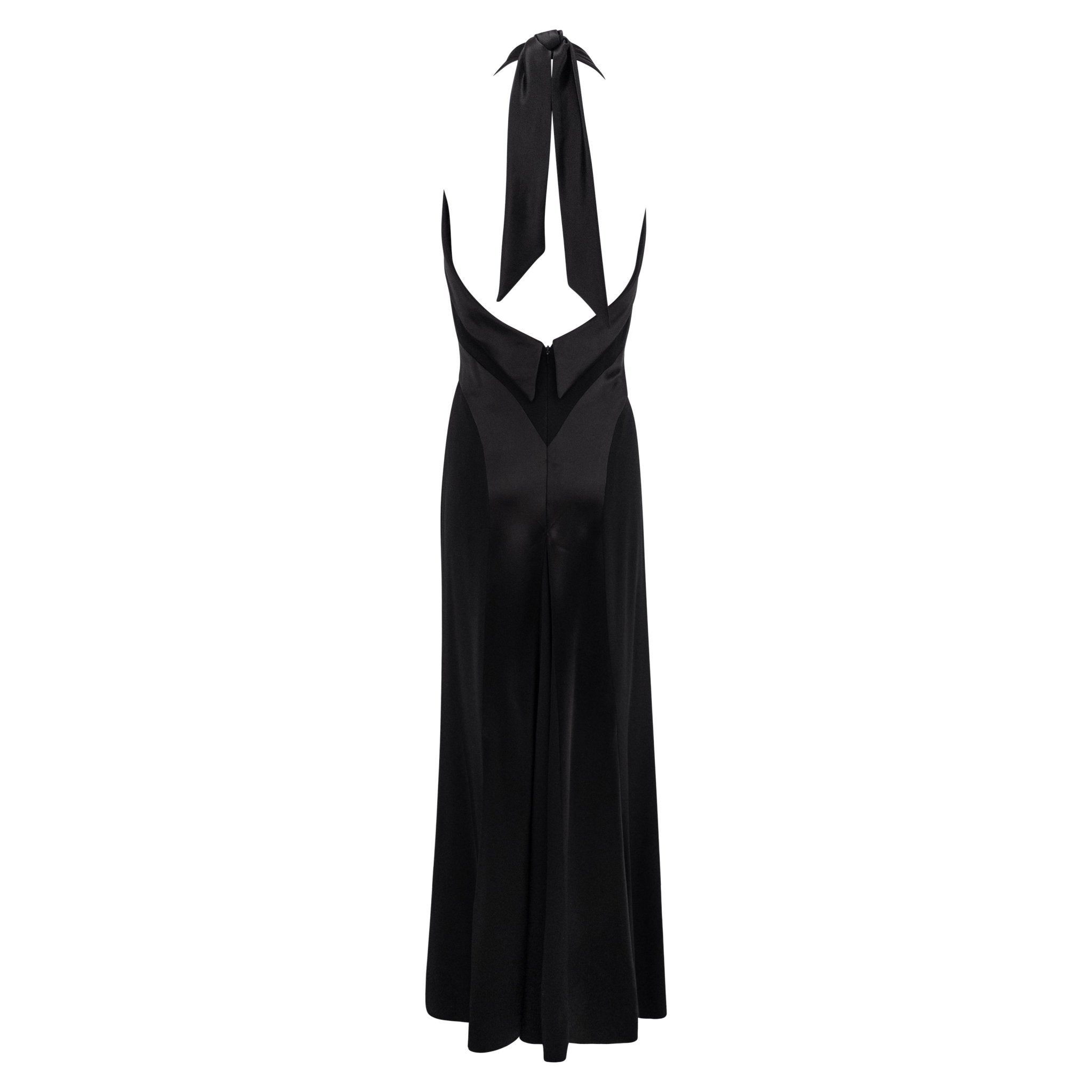 S/S 1997 Bob Mackie Runway Black Halterneck Satin Panel Backless Gown - RealList
