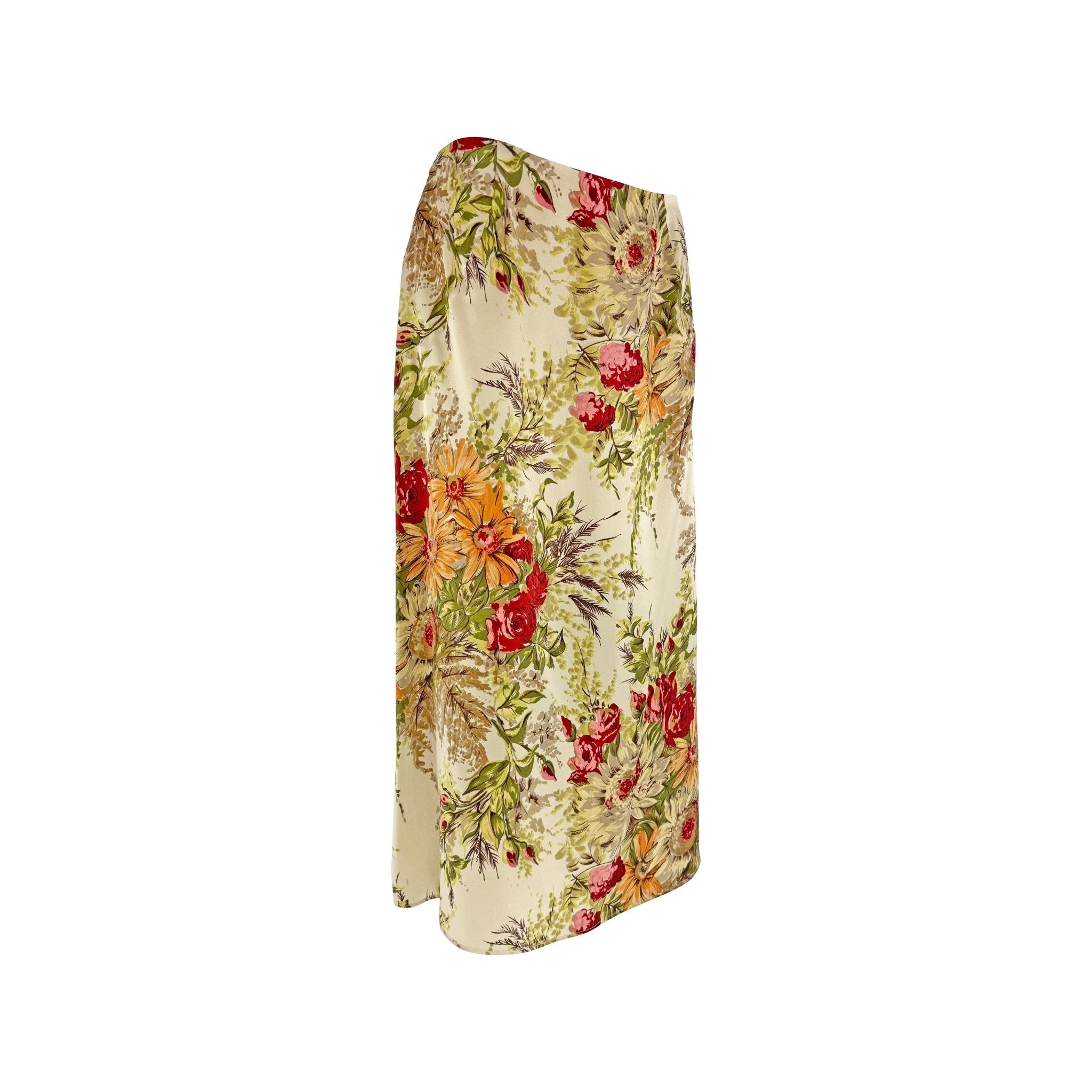 S/S 1997 Dolce & Gabbana Beige Satin Floral Print Midi Skirt - RealList