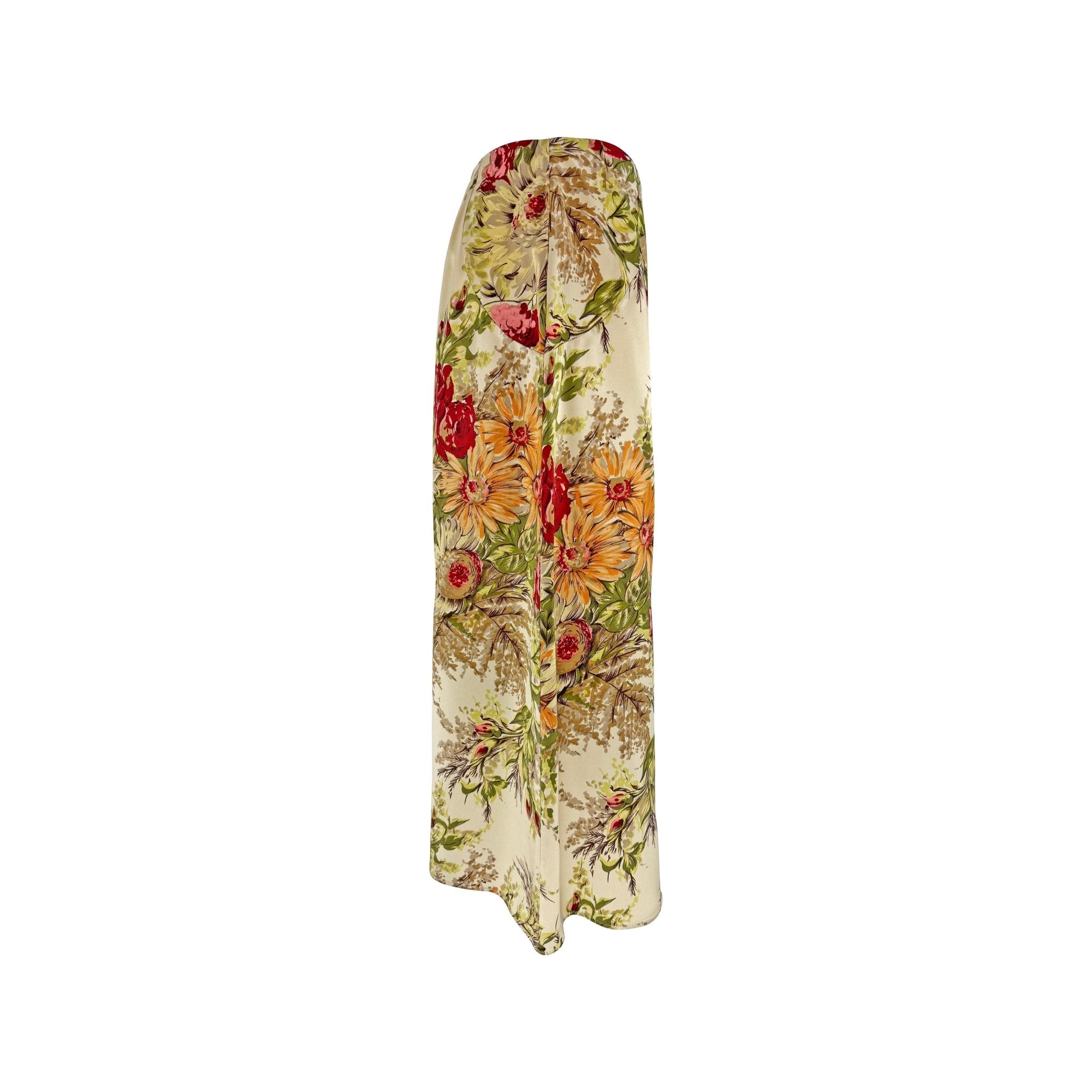 S/S 1997 Dolce & Gabbana Beige Satin Floral Print Midi Skirt - RealList