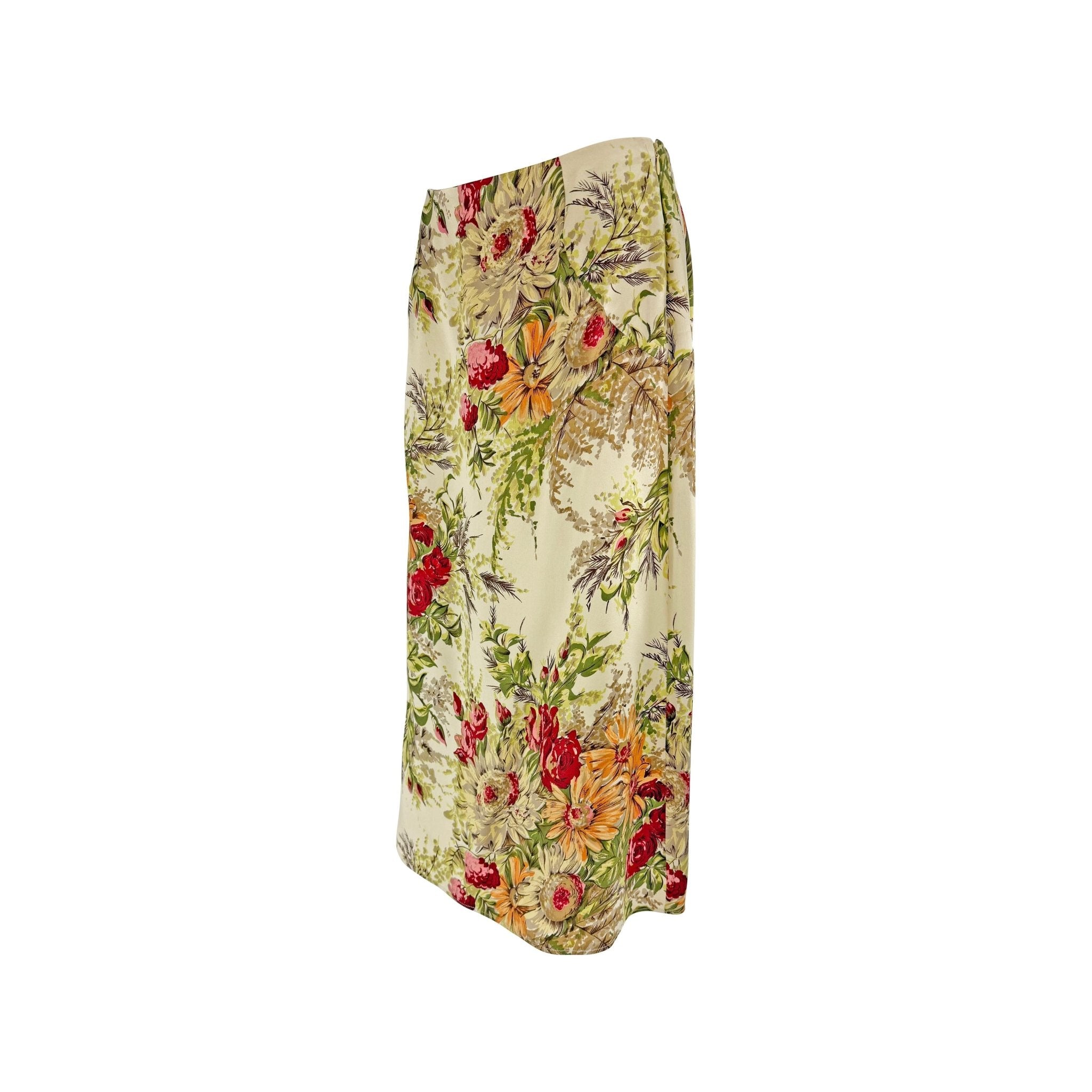 S/S 1997 Dolce & Gabbana Beige Satin Floral Print Midi Skirt - RealList