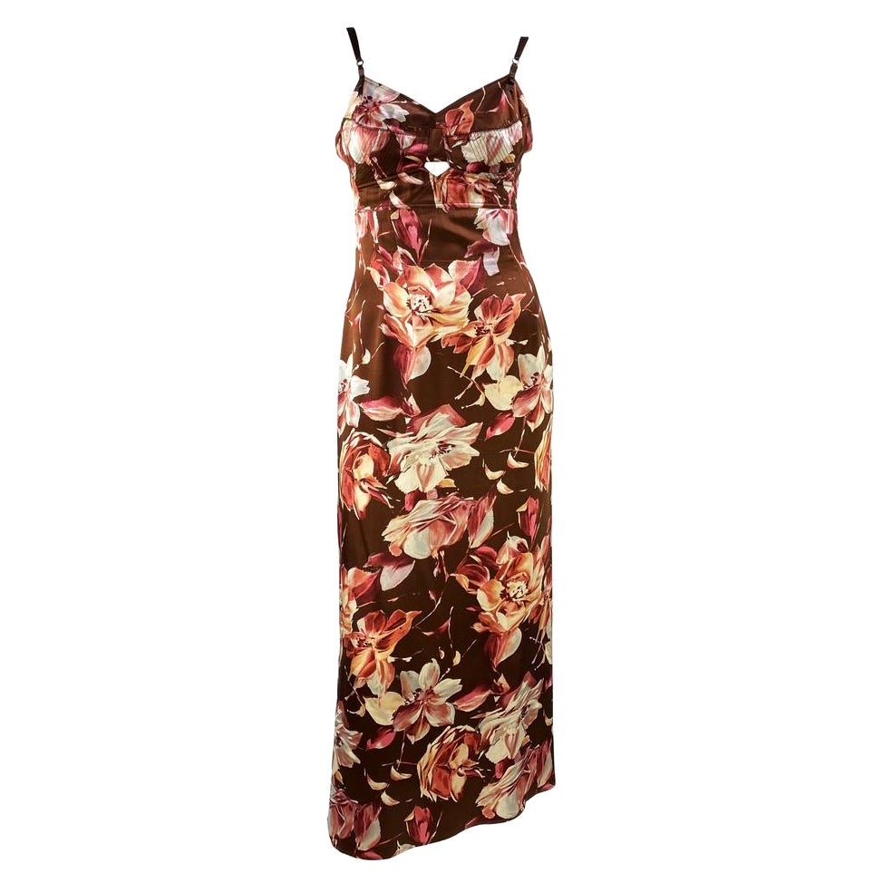 S/S 1997 Dolce & Gabbana Floral Brown Silk Bustier Strap Pin - Up Dress - RealList