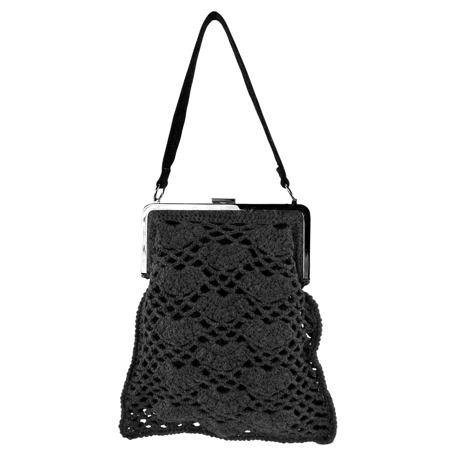 S/S 1997 Dolce & Gabbana Grey Crochet Knit Silver Frame Evening Bag - RealList