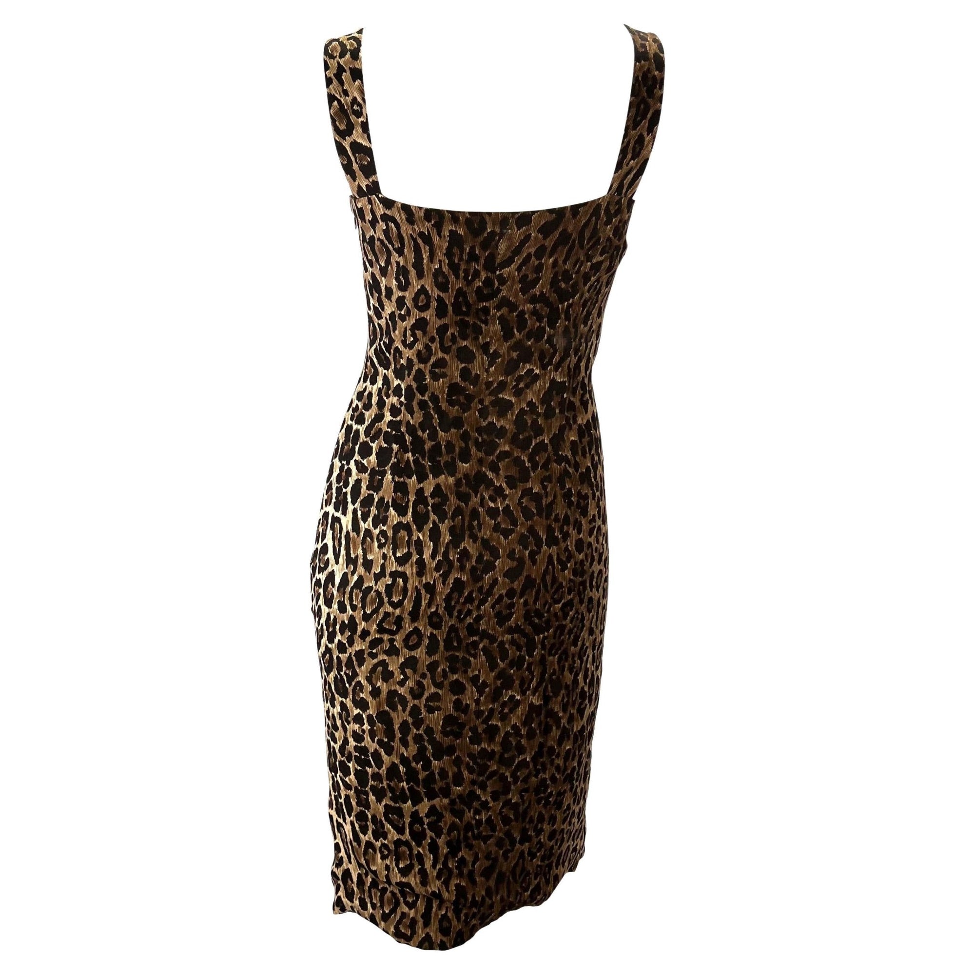 S/S 1997 Dolce & Gabbana Leopard Print Silk Sleeveless Bodycon Pin - Up Dress - RealList