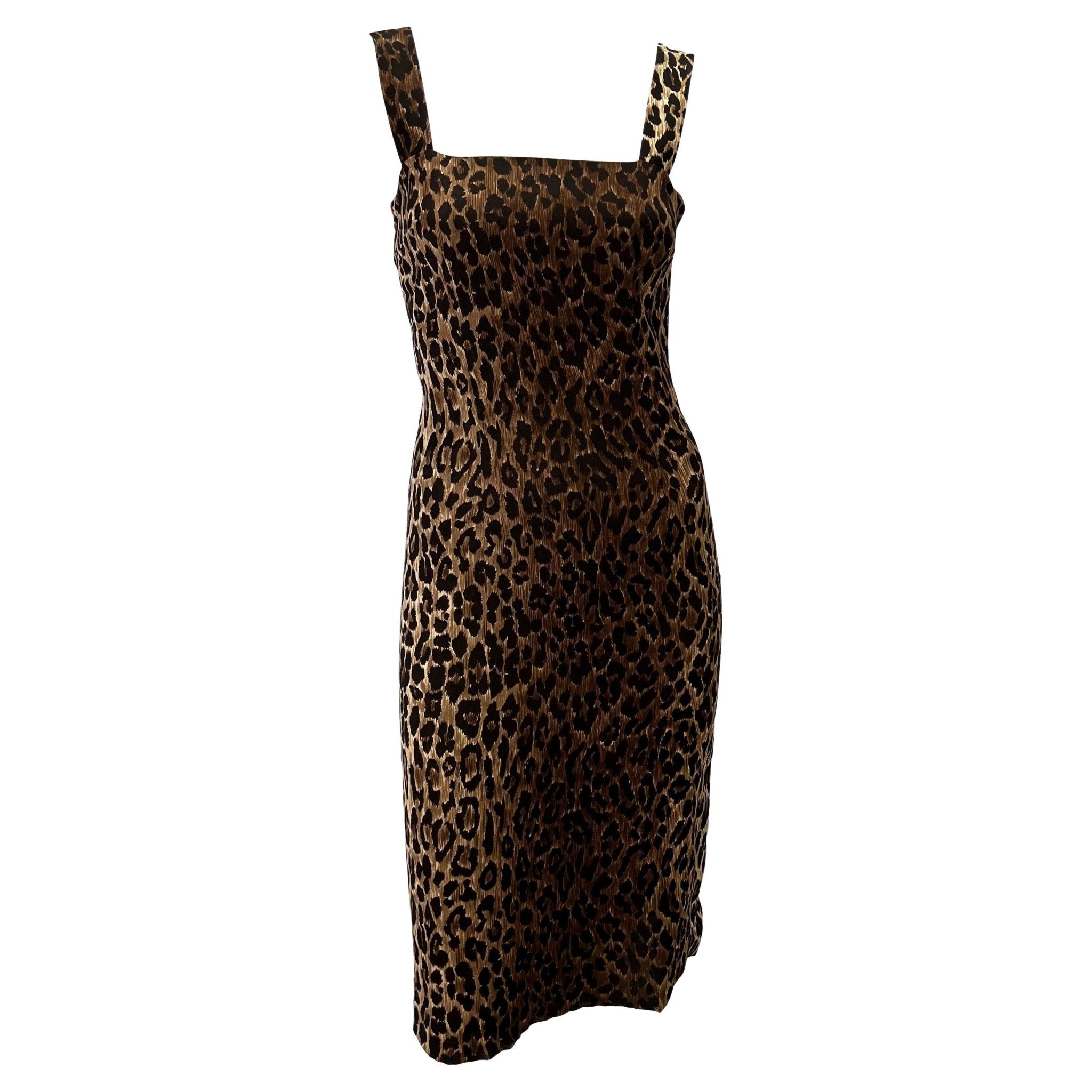 S/S 1997 Dolce & Gabbana Leopard Print Silk Sleeveless Bodycon Pin - Up Dress - RealList