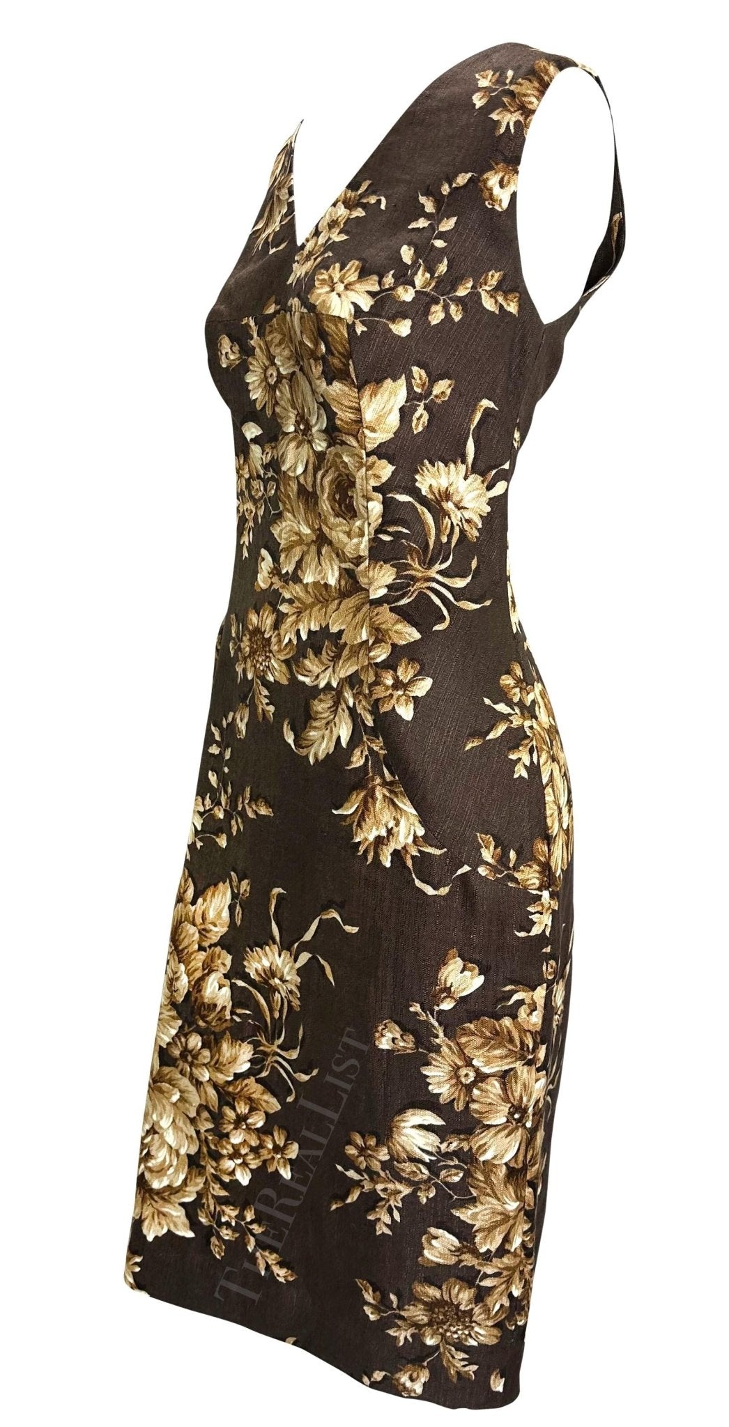 S/S 1997 Dolce & Gabbana Runway Brown Beige Floral Sleeveless Dress - RealList