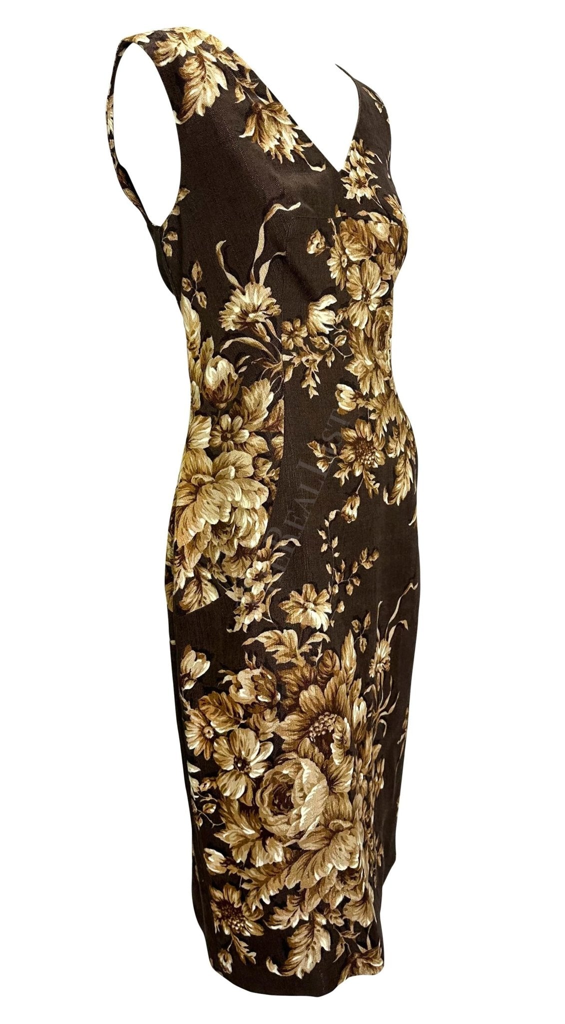 S/S 1997 Dolce & Gabbana Runway Brown Beige Floral Sleeveless Dress - RealList