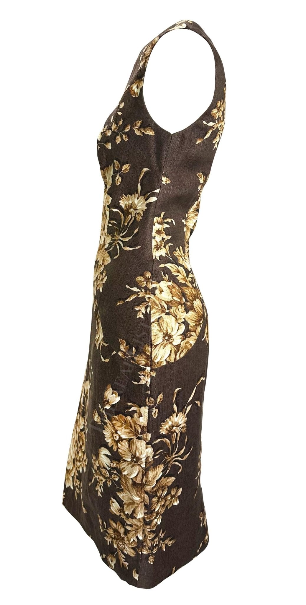 S/S 1997 Dolce & Gabbana Runway Brown Beige Floral Sleeveless Dress - RealList