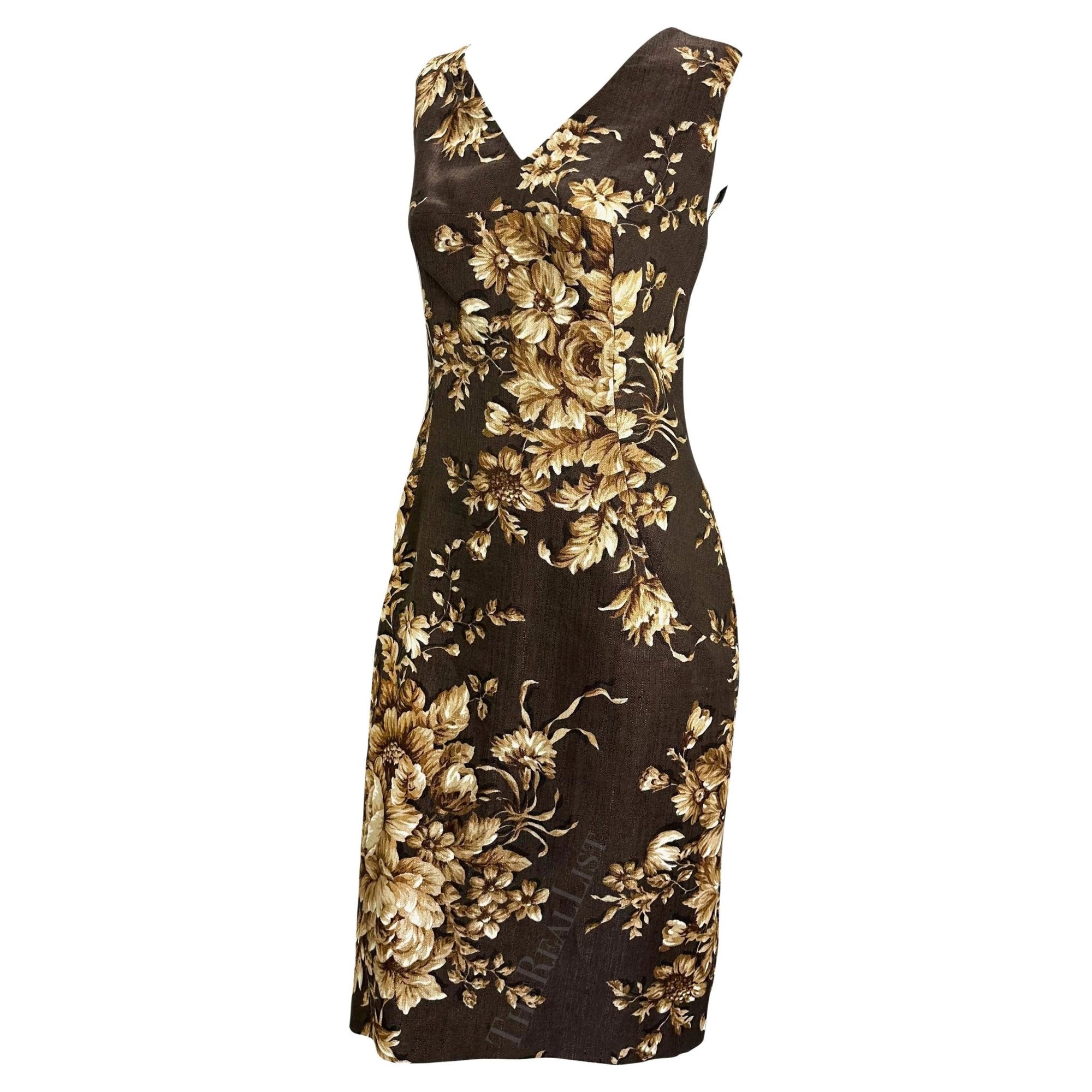 S/S 1997 Dolce & Gabbana Runway Brown Beige Floral Sleeveless Dress - RealList