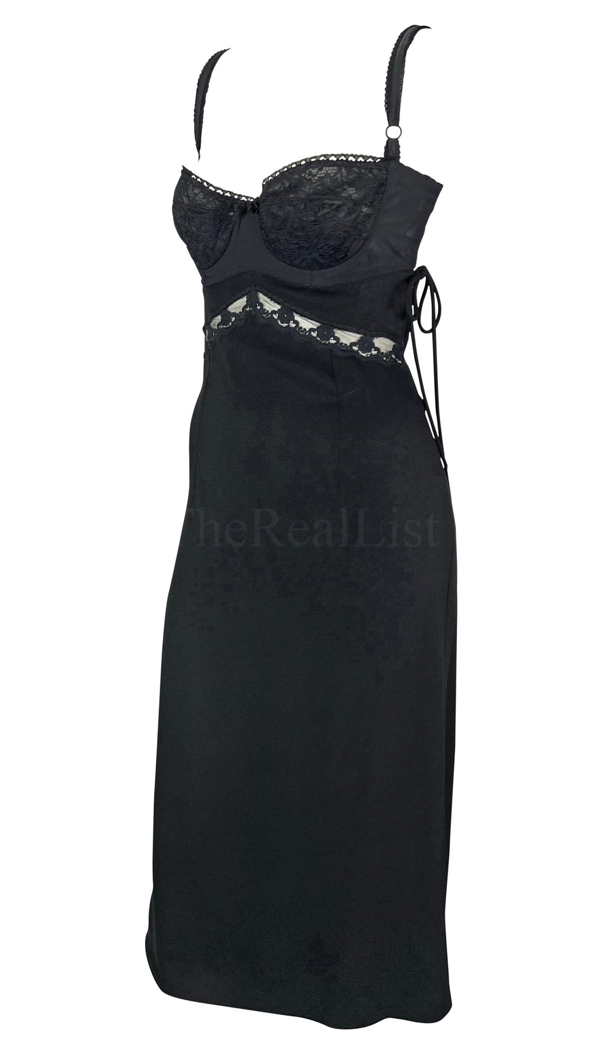 S/S 1997 Dolce & Gabbana Sheer Black Lace Bustier Stretch Cutout Slip Dress - RealList