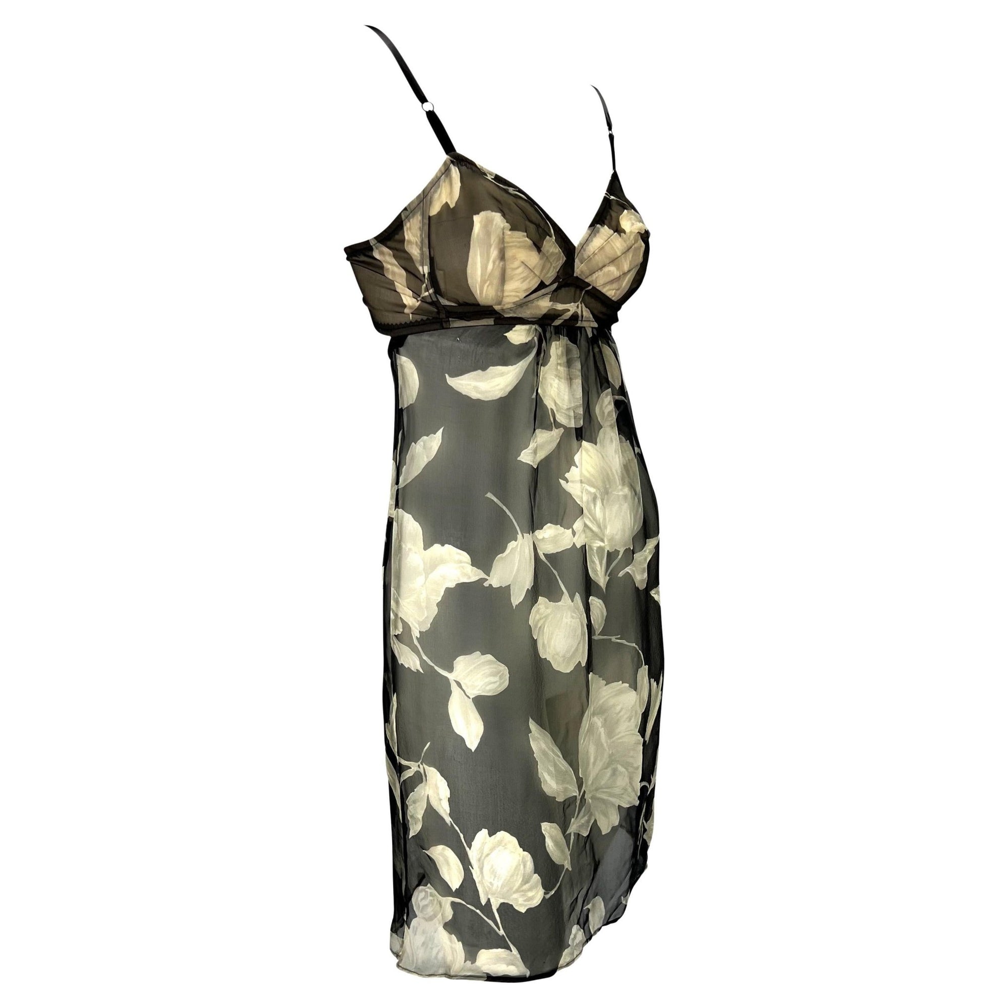S/S 1997 Dolce & Gabbana Sheer Silk Chiffon Floral Black Mini Babydoll Dress - RealList