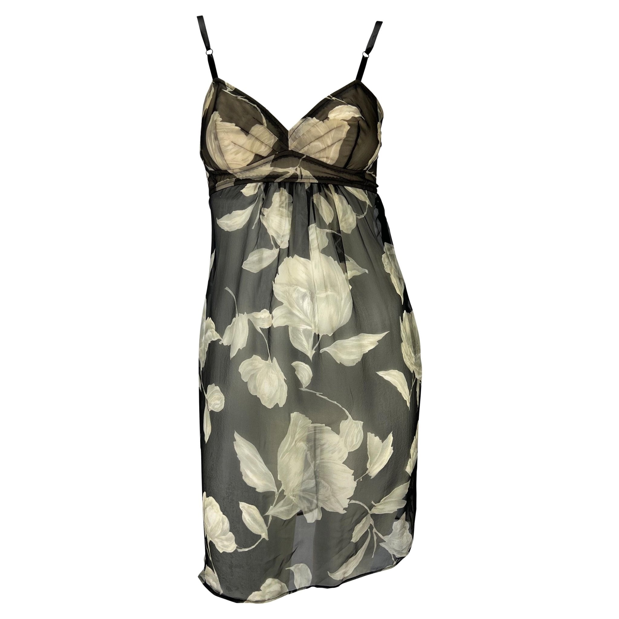 S/S 1997 Dolce & Gabbana Sheer Silk Chiffon Floral Black Mini Babydoll Dress - RealList
