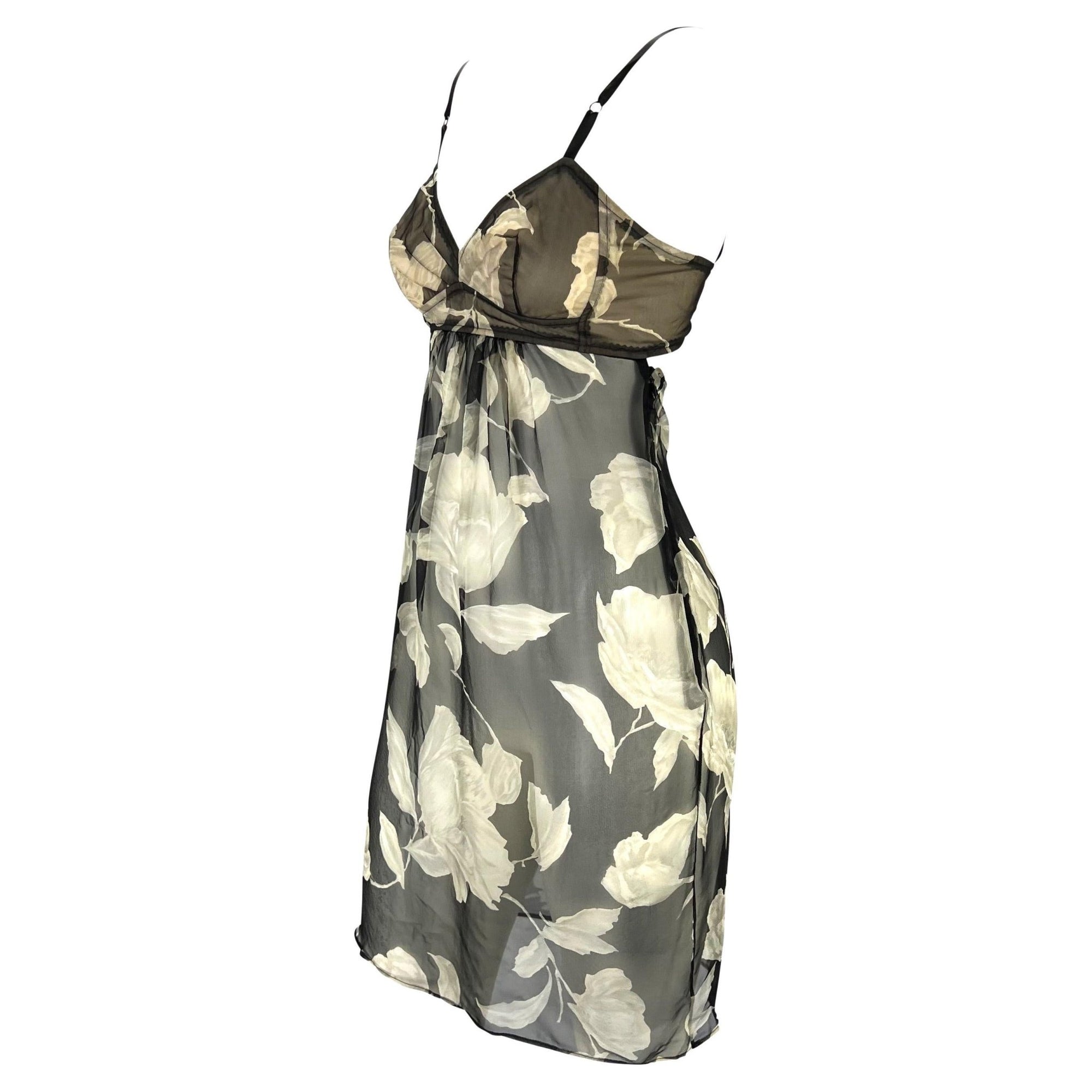 S/S 1997 Dolce & Gabbana Sheer Silk Chiffon Floral Black Mini Babydoll Dress - RealList