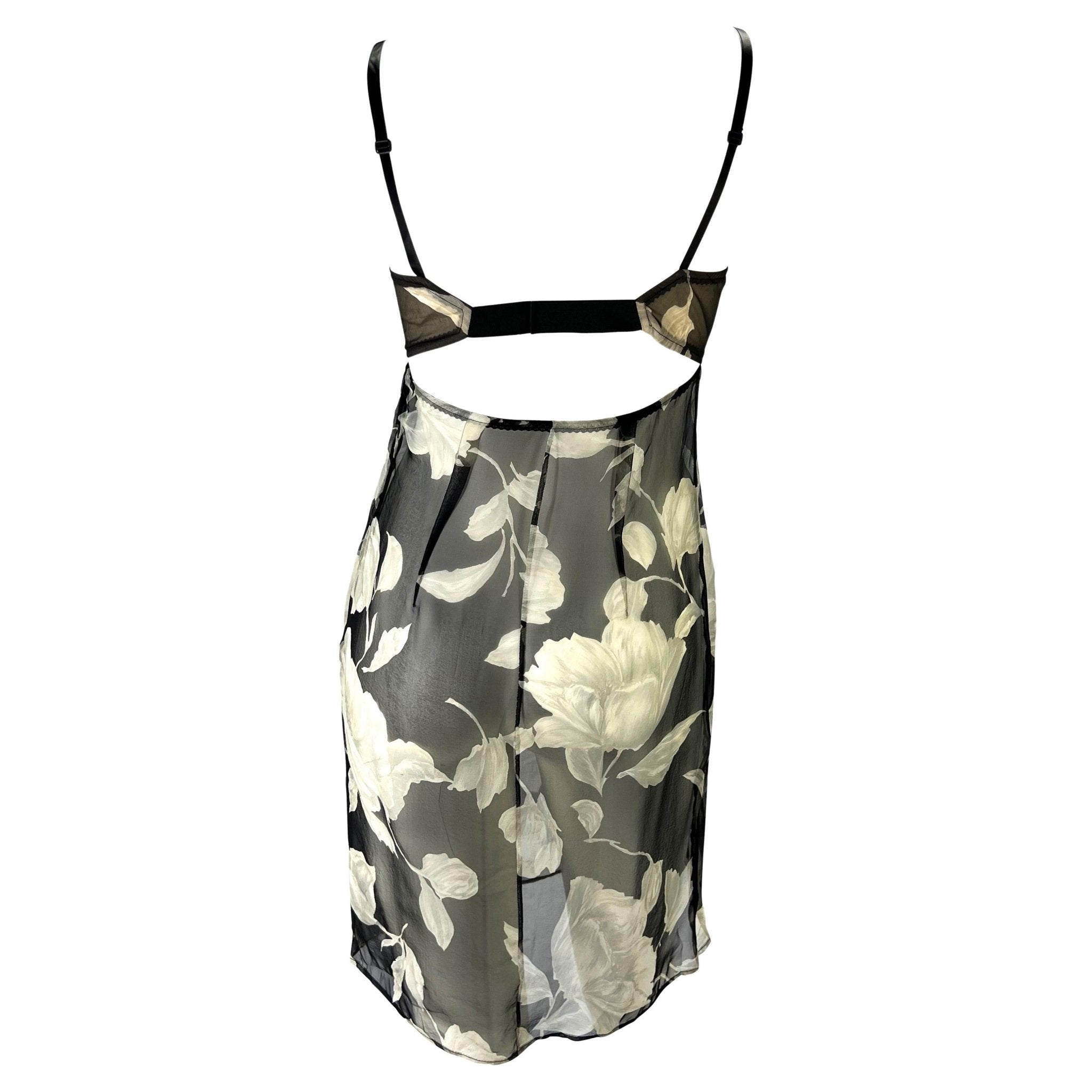 S/S 1997 Dolce & Gabbana Sheer Silk Chiffon Floral Black Mini Babydoll Dress - RealList