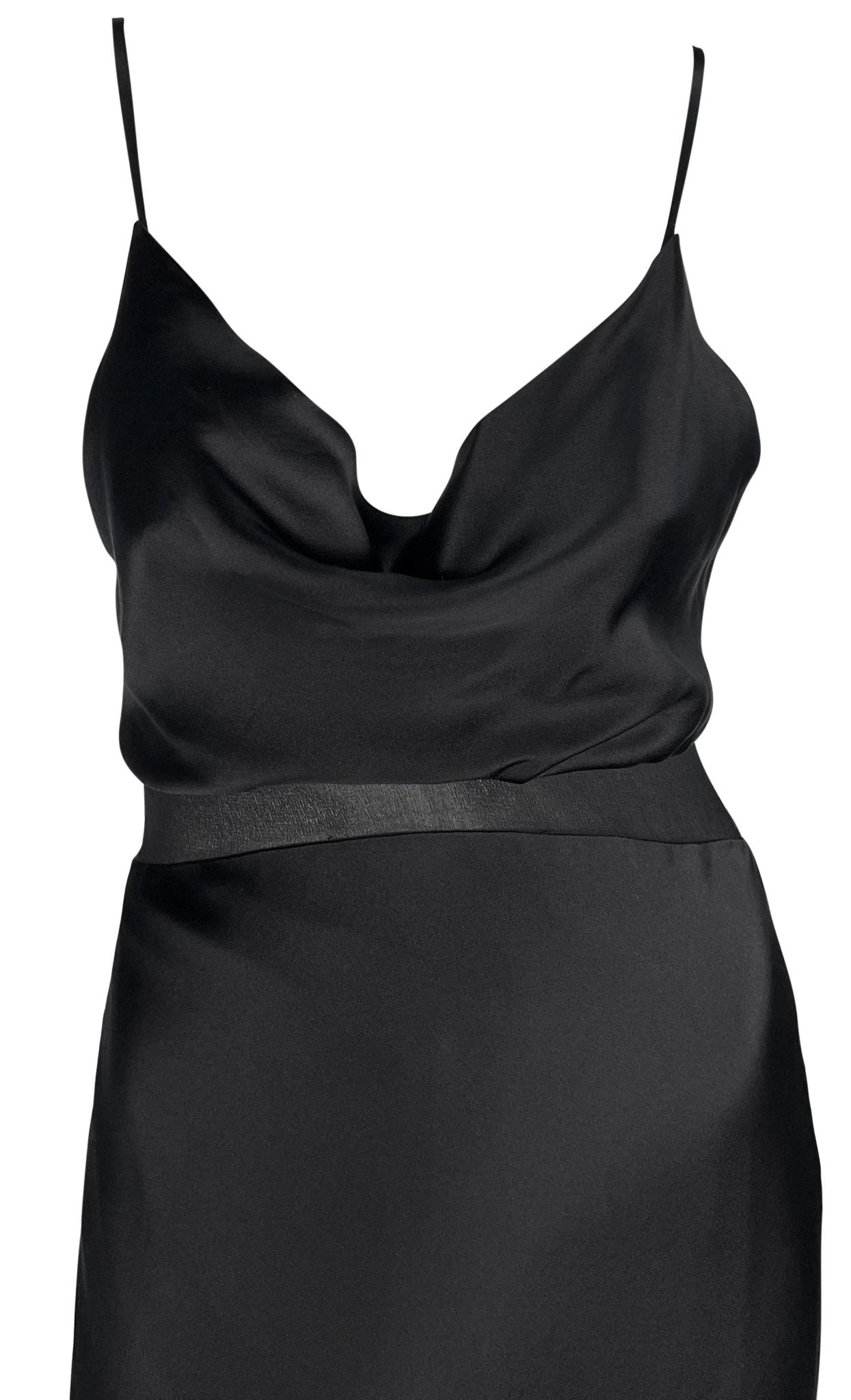 S/S 1997 Gianni Versace Black Satin Cowl Neck Sheer Waist Flare Midi Dress - RealList