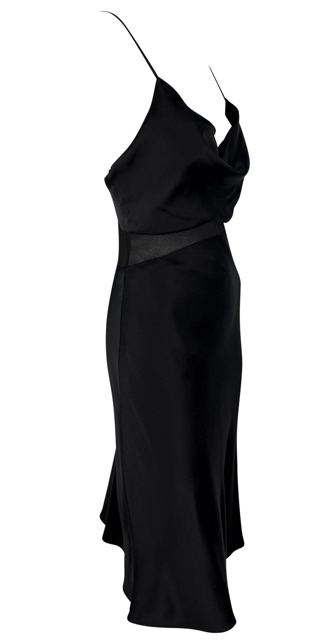 S/S 1997 Gianni Versace Black Satin Cowl Neck Sheer Waist Flare Midi Dress - RealList