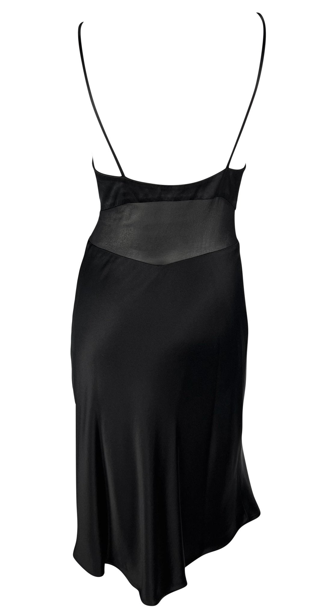 S/S 1997 Gianni Versace Black Satin Cowl Neck Sheer Waist Flare Midi Dress - RealList