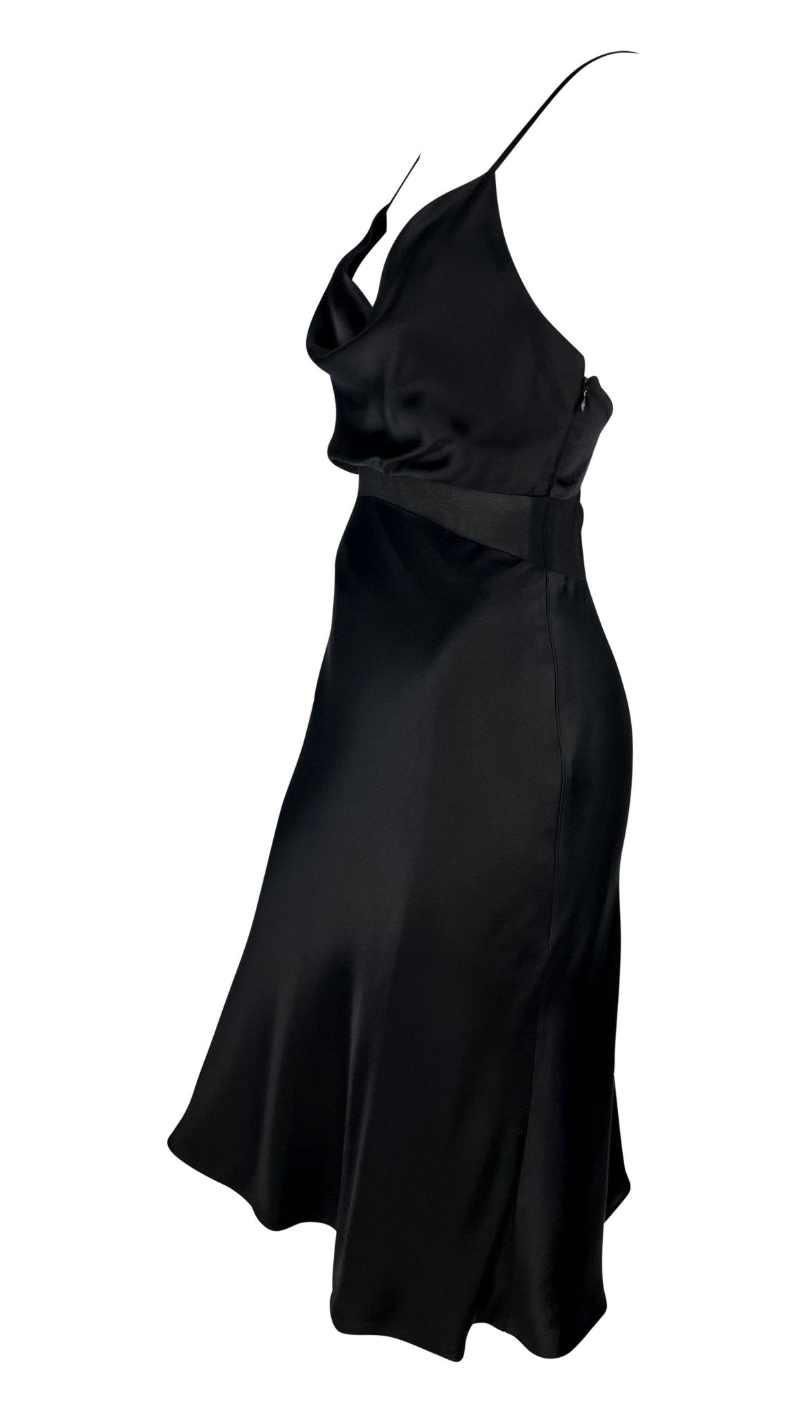 S/S 1997 Gianni Versace Black Satin Cowl Neck Sheer Waist Flare Midi Dress - RealList