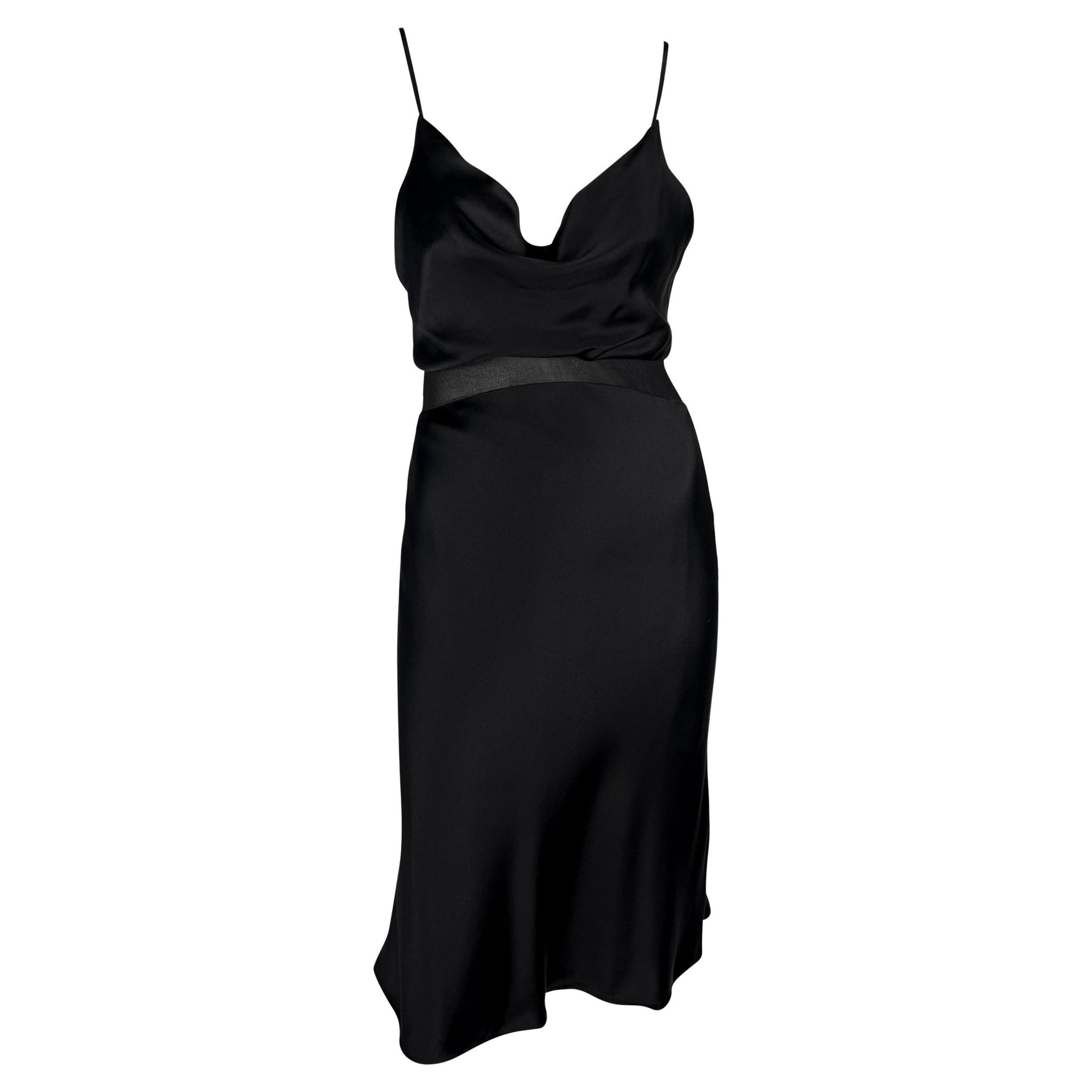 S/S 1997 Gianni Versace Black Satin Cowl Neck Sheer Waist Flare Midi Dress - RealList