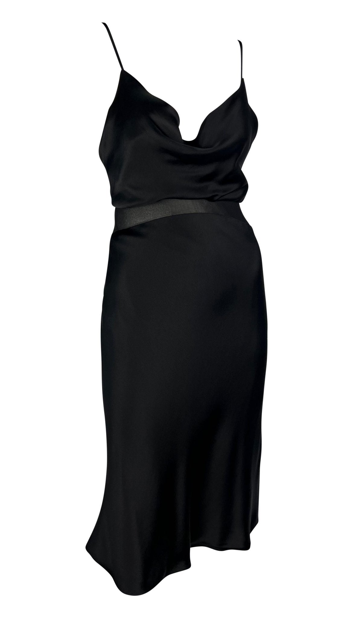 S/S 1997 Gianni Versace Black Satin Cowl Neck Sheer Waist Flare Midi Dress - RealList