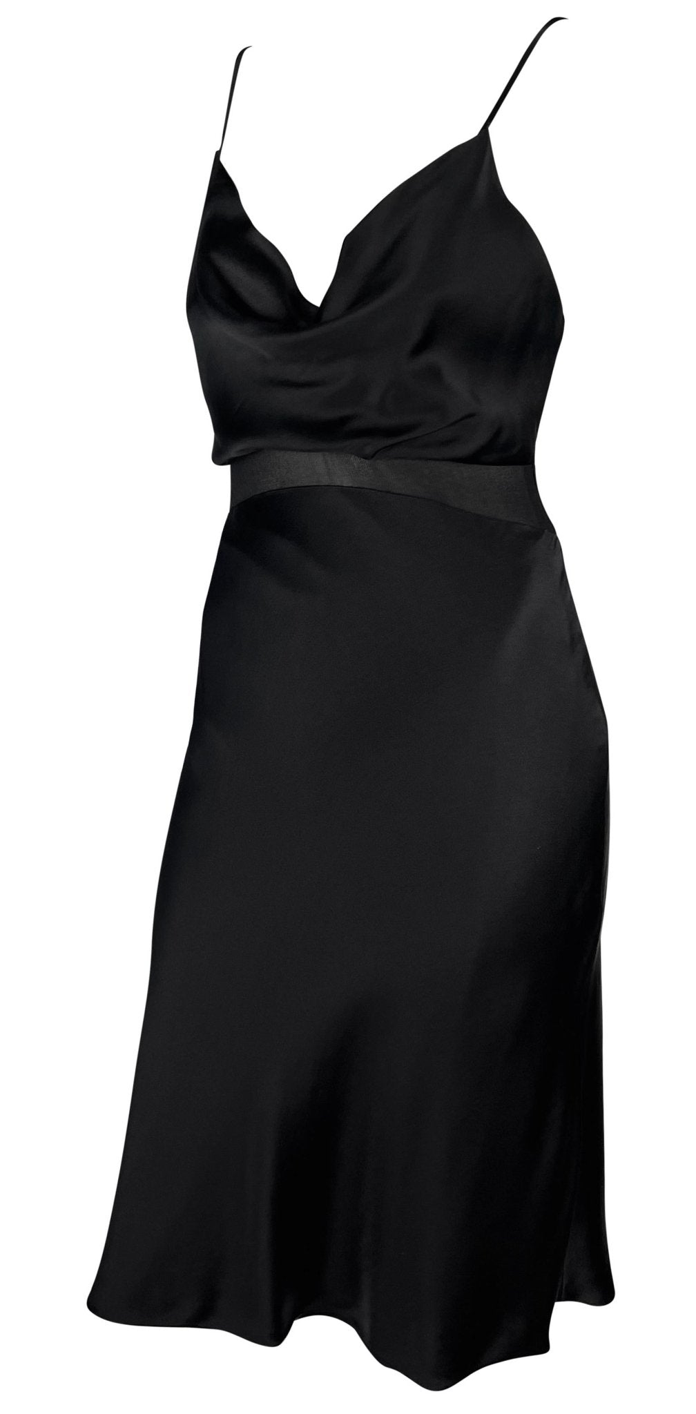 S/S 1997 Gianni Versace Black Satin Cowl Neck Sheer Waist Flare Midi Dress - RealList
