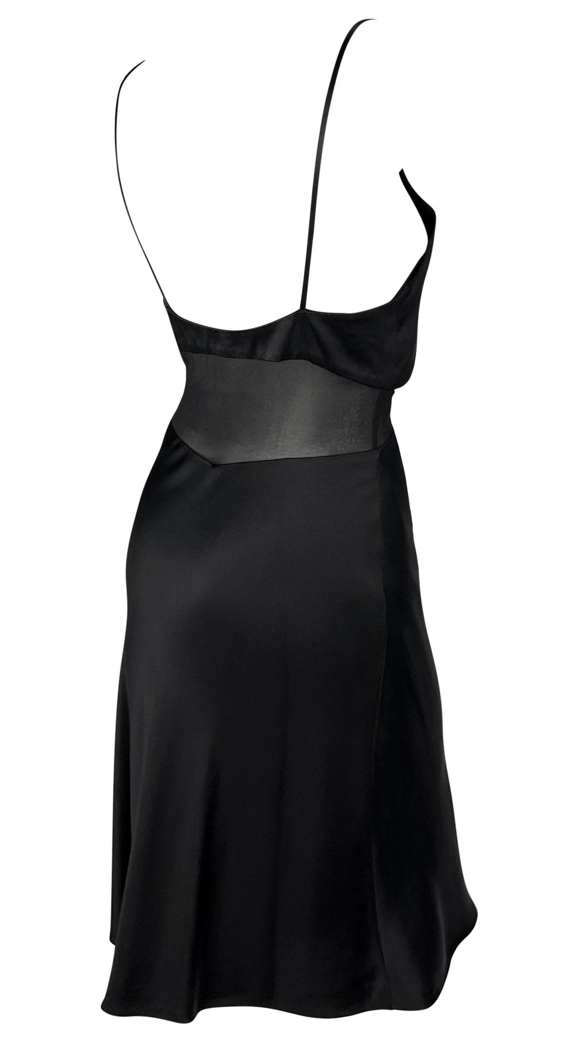 S/S 1997 Gianni Versace Black Satin Cowl Neck Sheer Waist Flare Midi Dress - RealList
