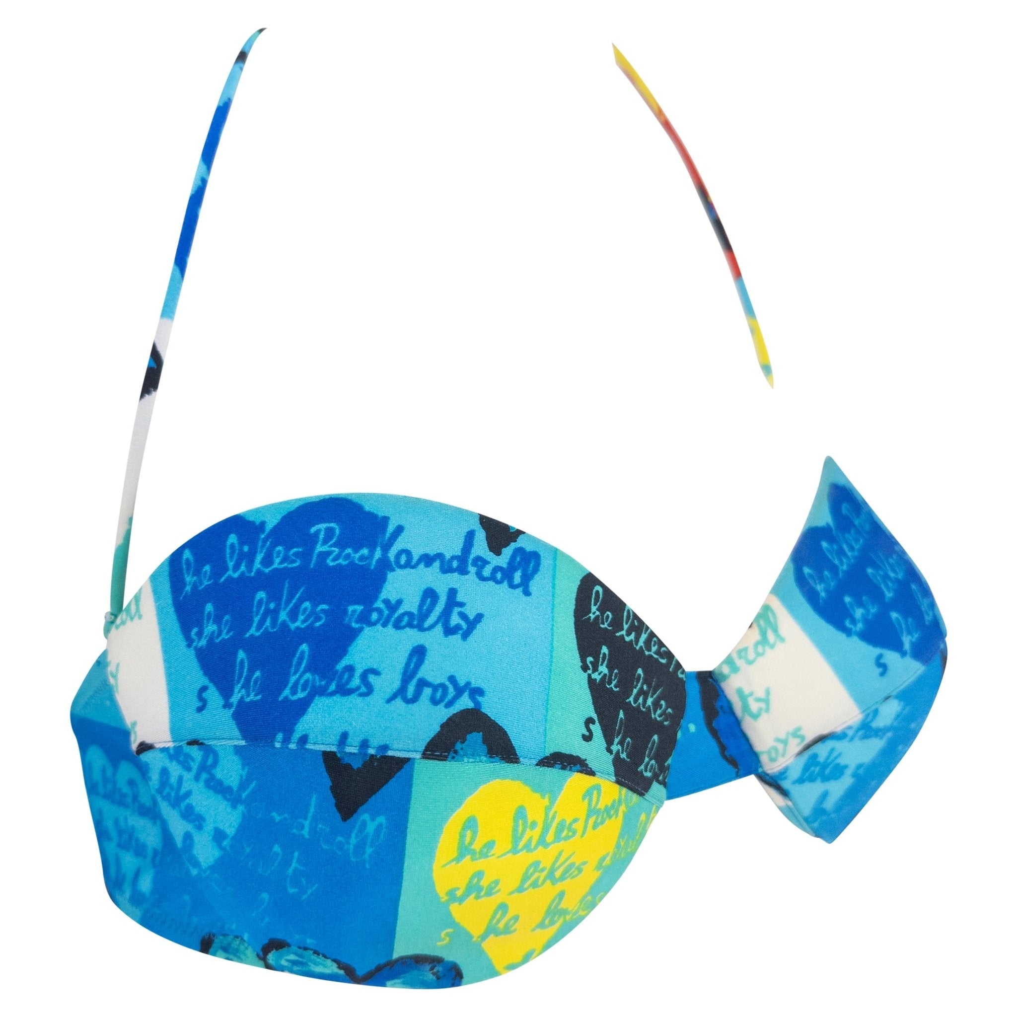 S/S 1997 Gianni Versace Blue Pop Art Heart Print 3 - Piece Bikini Sarong Skirt Set - RealList