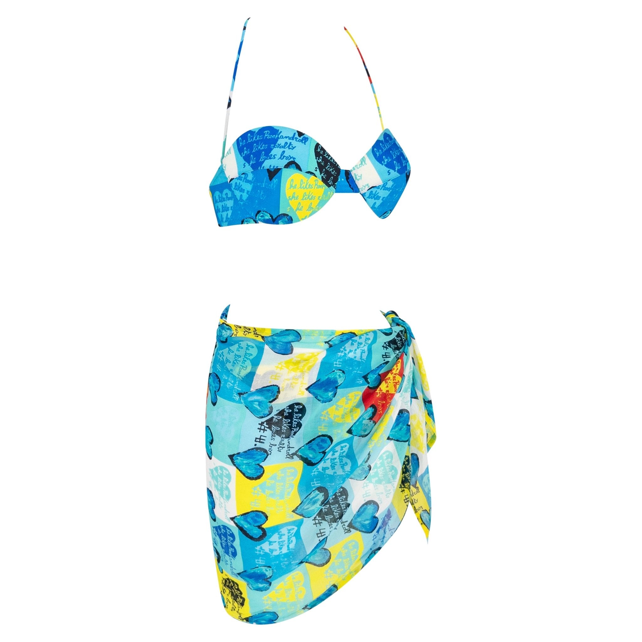 S/S 1997 Gianni Versace Blue Pop Art Heart Print 3 - Piece Bikini Sarong Skirt Set - RealList