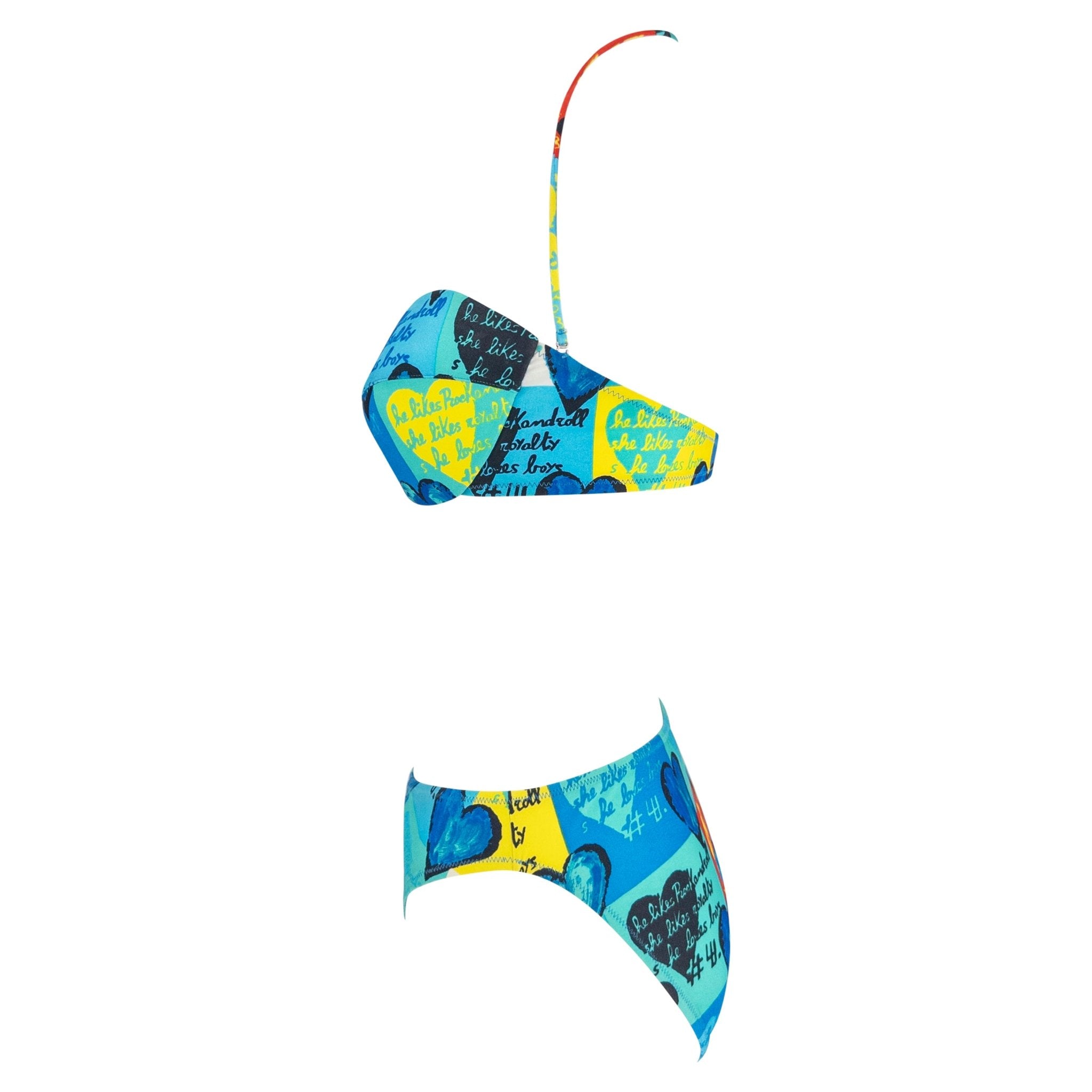 S/S 1997 Gianni Versace Blue Pop Art Heart Print 3 - Piece Bikini Sarong Skirt Set - RealList