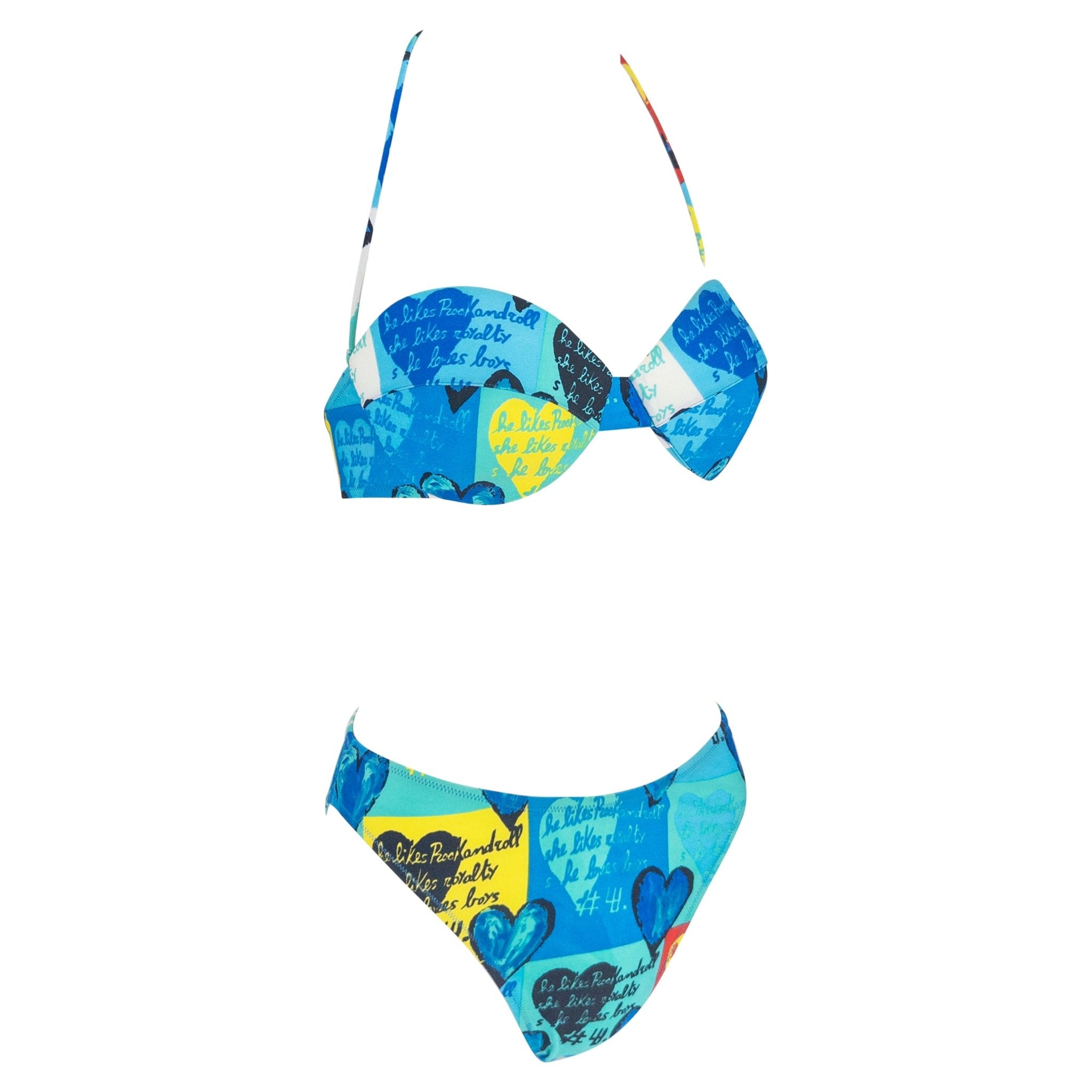 S/S 1997 Gianni Versace Blue Pop Art Heart Print 3 - Piece Bikini Sarong Skirt Set - RealList