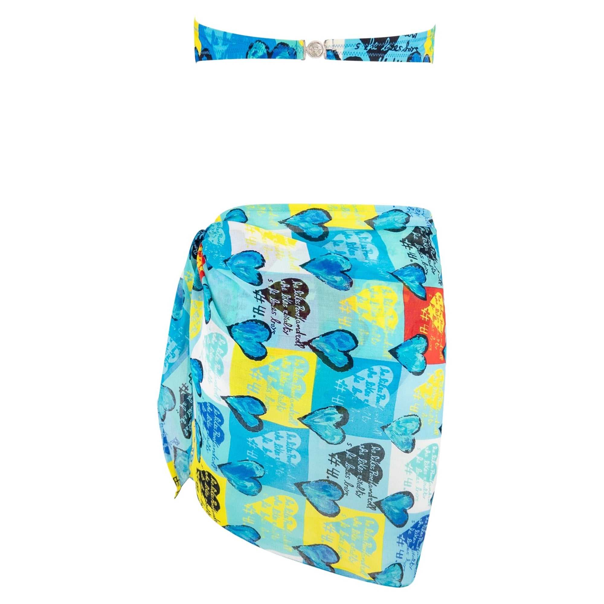 S/S 1997 Gianni Versace Blue Pop Art Heart Print 3 - Piece Bikini Sarong Skirt Set - RealList