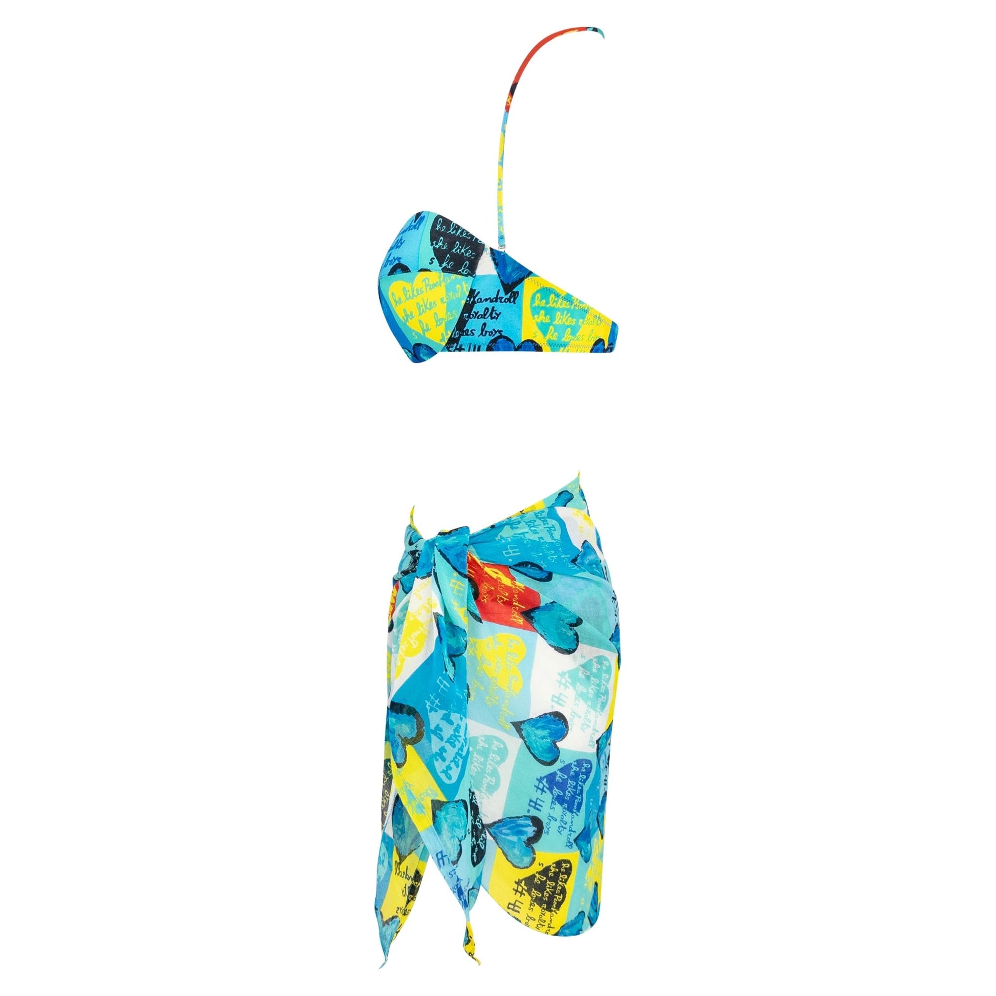 S/S 1997 Gianni Versace Blue Pop Art Heart Print 3 - Piece Bikini Sarong Skirt Set - RealList