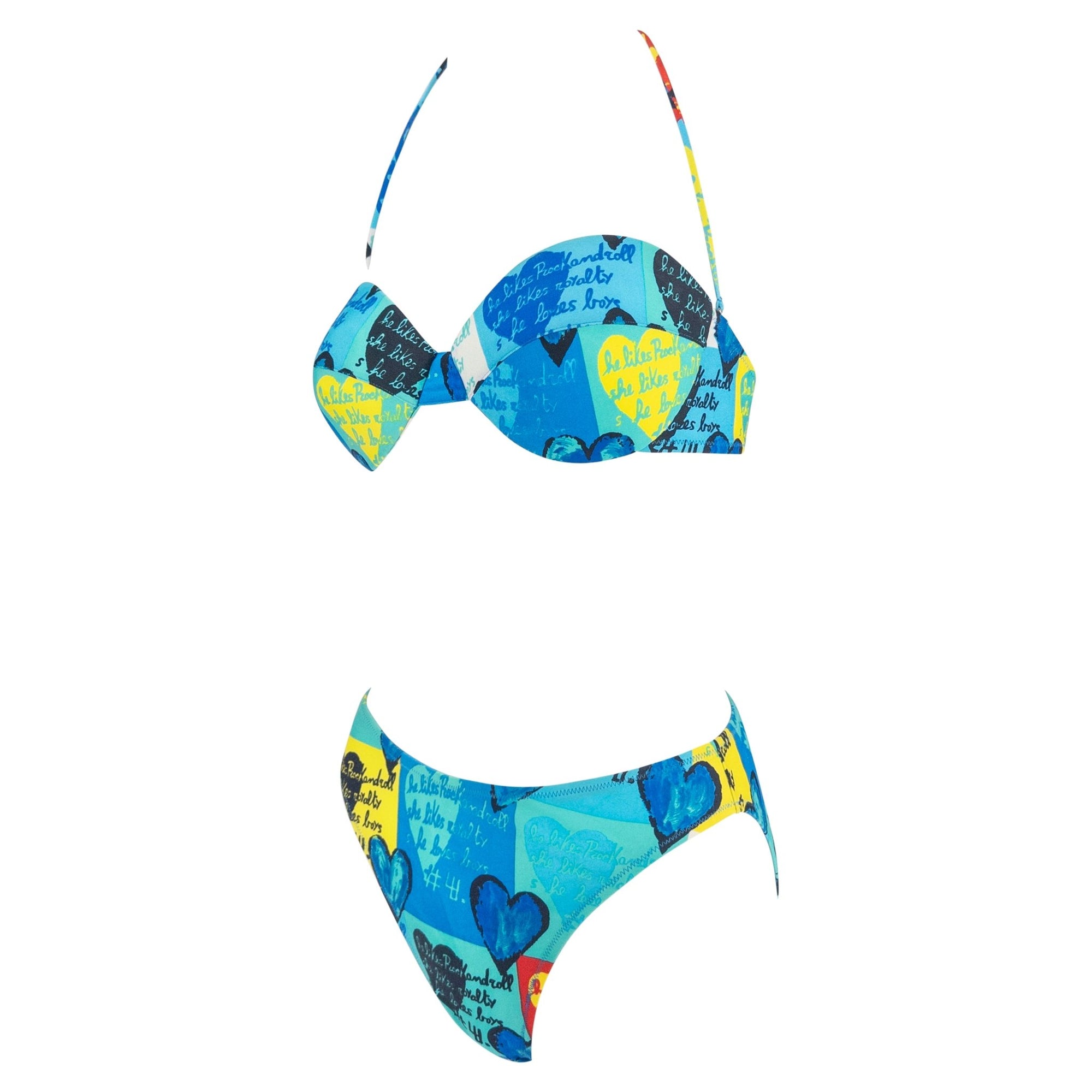 S/S 1997 Gianni Versace Blue Pop Art Heart Print 3 - Piece Bikini Sarong Skirt Set - RealList