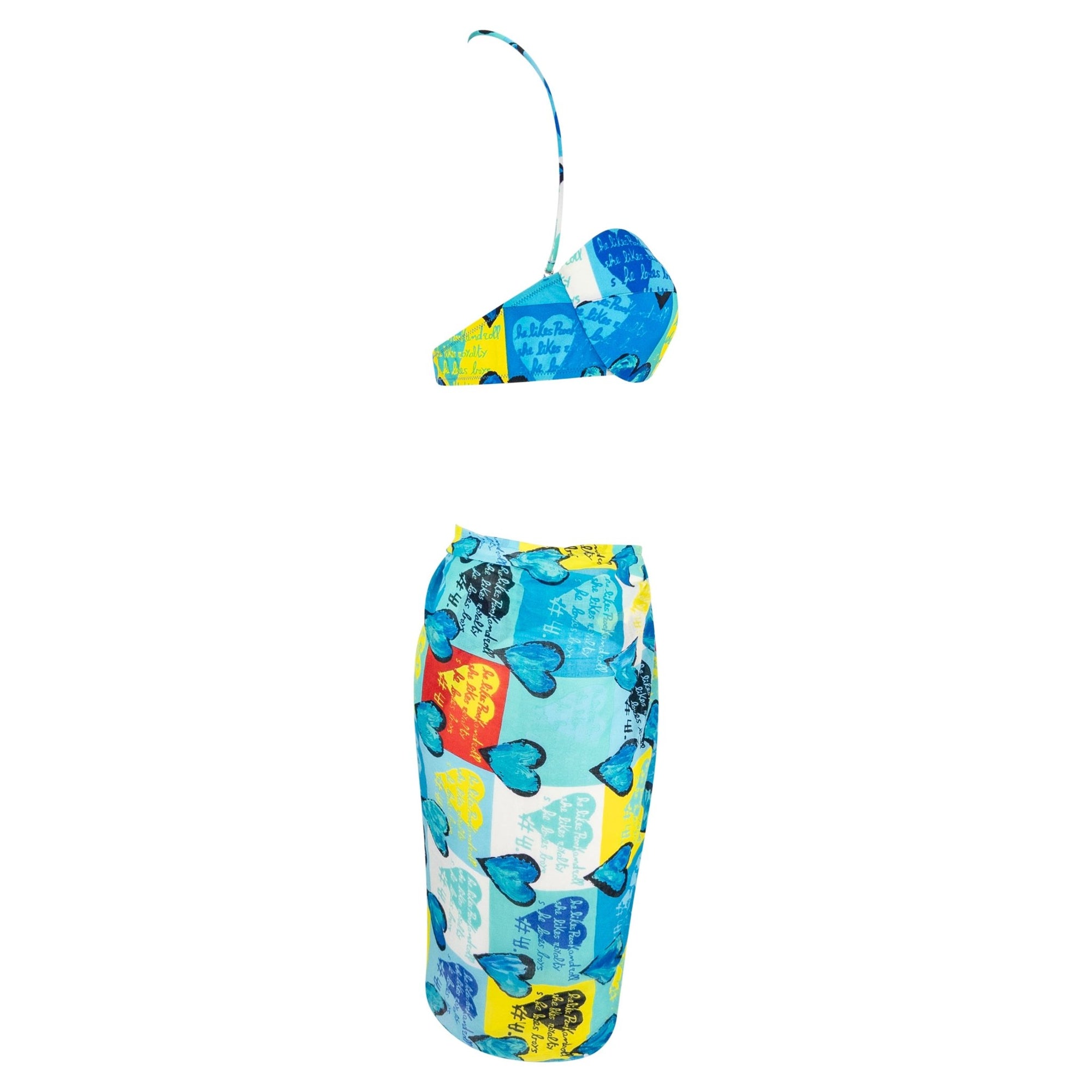 S/S 1997 Gianni Versace Blue Pop Art Heart Print 3 - Piece Bikini Sarong Skirt Set - RealList