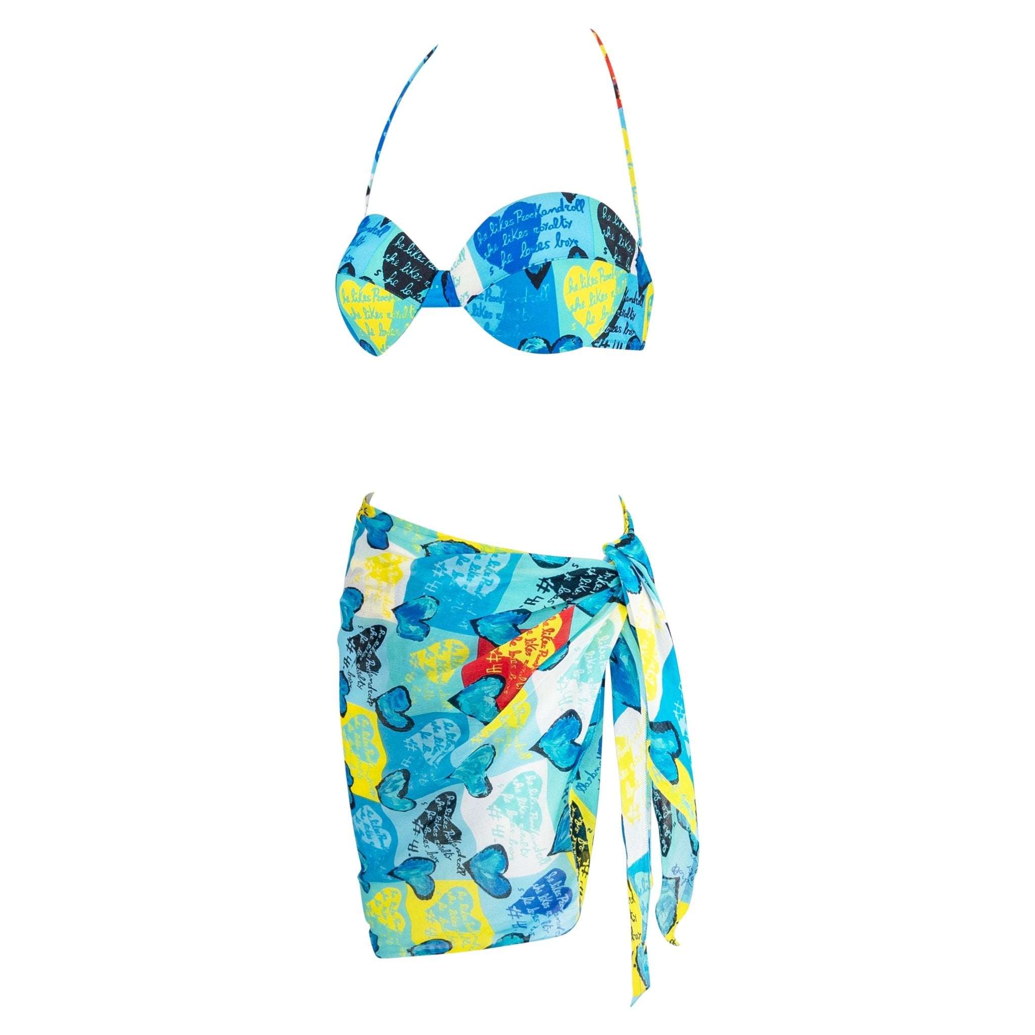 S/S 1997 Gianni Versace Blue Pop Art Heart Print 3 - Piece Bikini Sarong Skirt Set - RealList