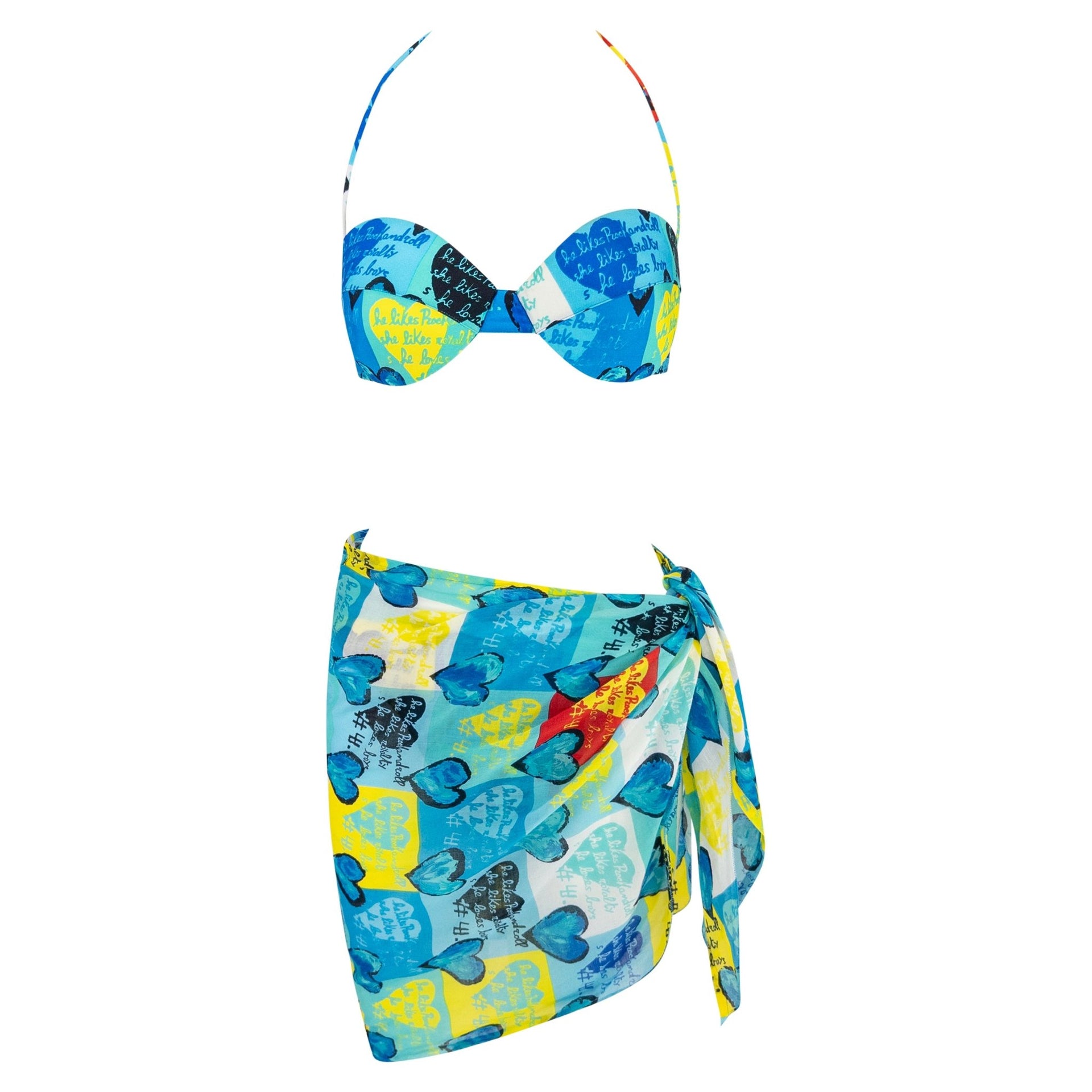 S/S 1997 Gianni Versace Blue Pop Art Heart Print 3 - Piece Bikini Sarong Skirt Set - RealList
