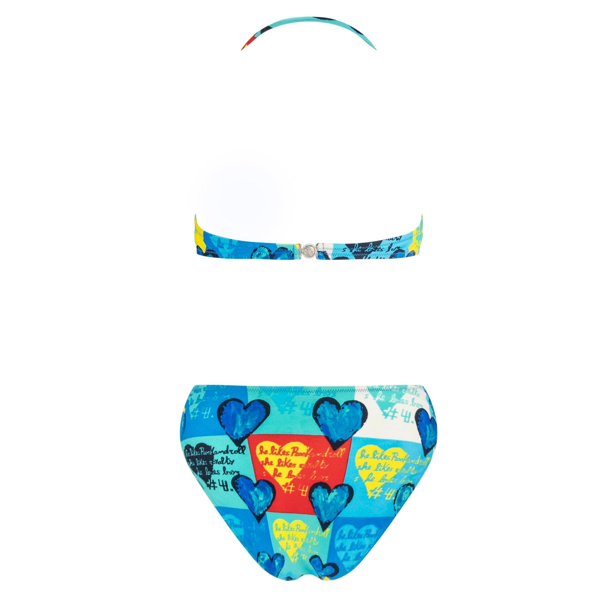 S/S 1997 Gianni Versace Blue Pop Art Heart Print 3 - Piece Bikini Sarong Skirt Set - RealList
