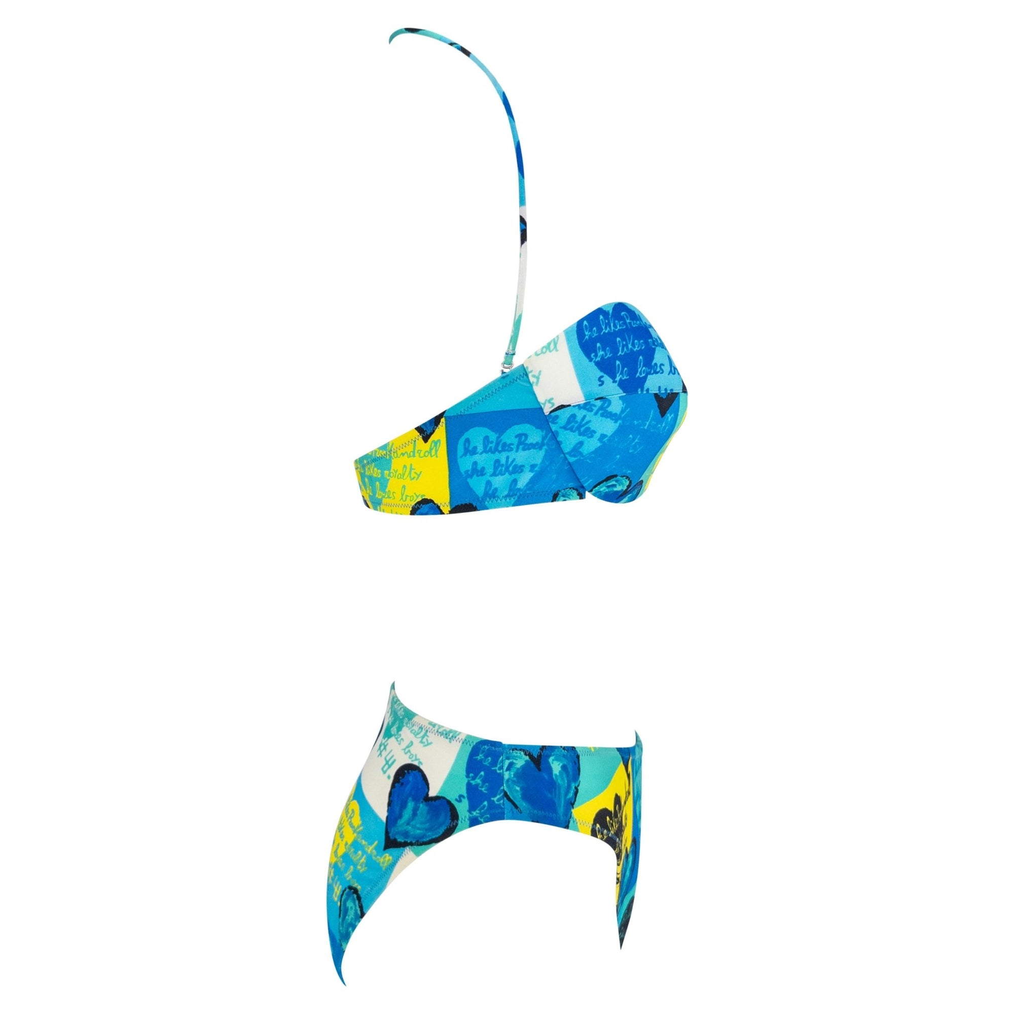 S/S 1997 Gianni Versace Blue Pop Art Heart Print 3 - Piece Bikini Sarong Skirt Set - RealList