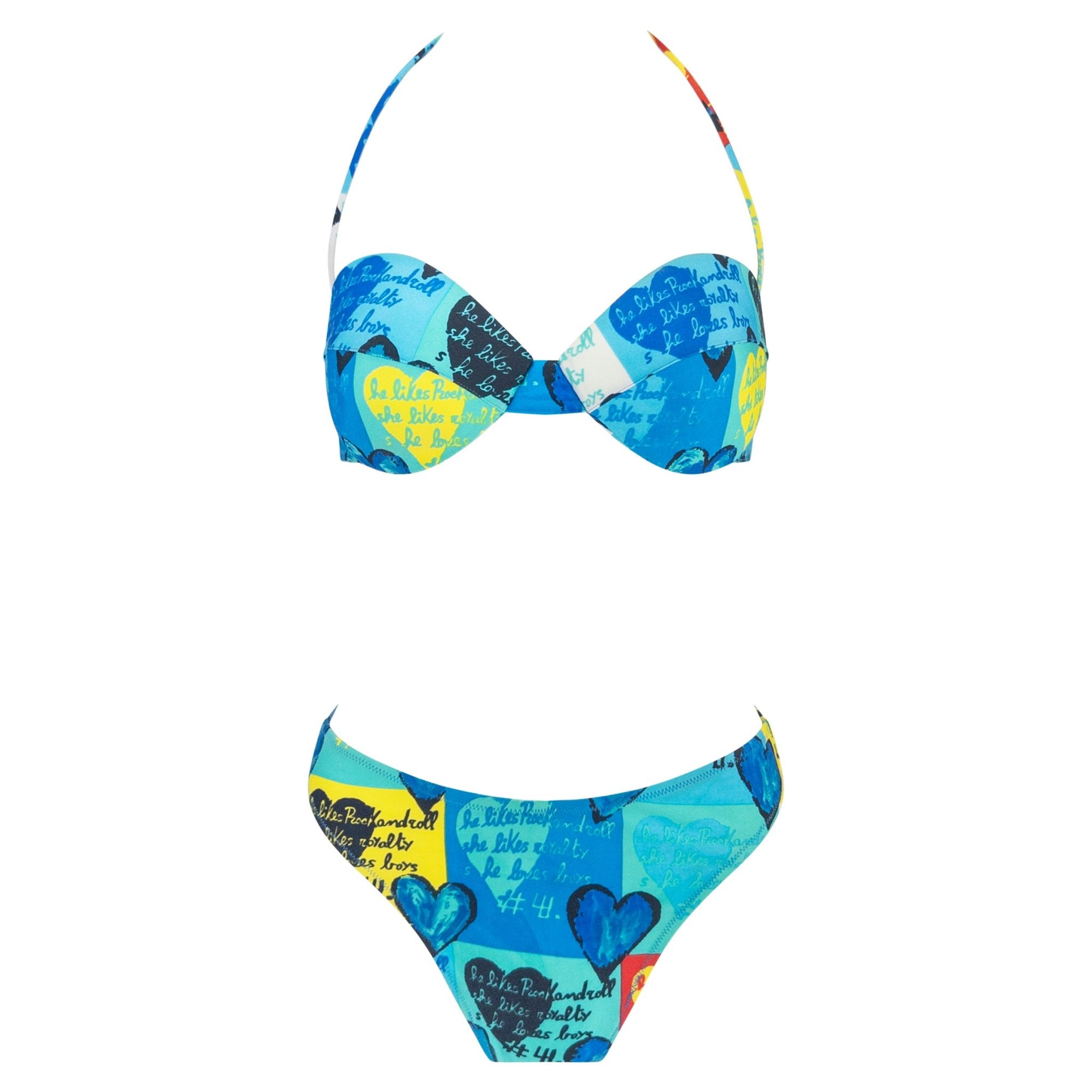 S/S 1997 Gianni Versace Blue Pop Art Heart Print 3 - Piece Bikini Sarong Skirt Set - RealList