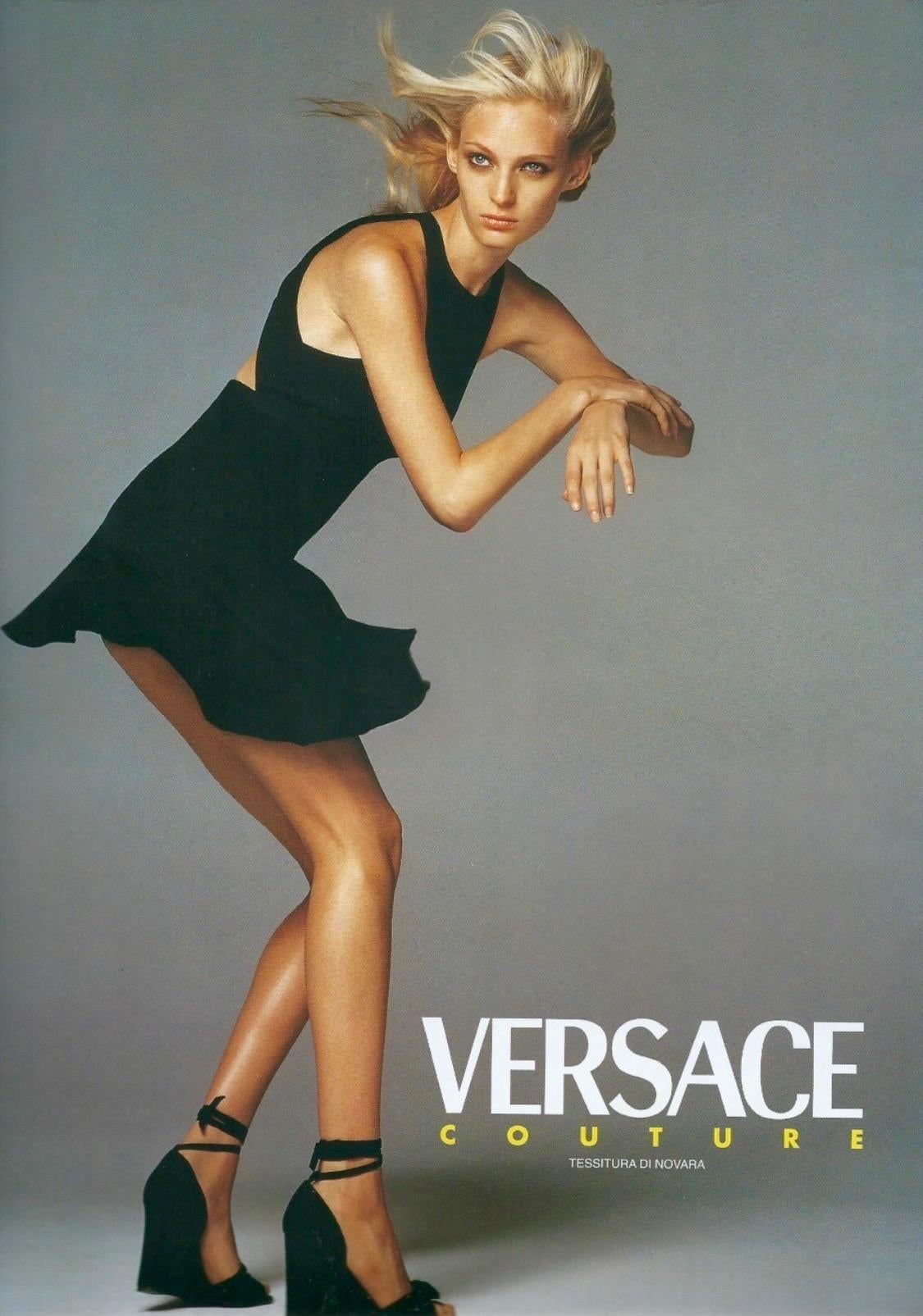 S/S 1997 Gianni Versace Couture Runway Ad Navy Silk Backless Tie Flare Dress - RealList
