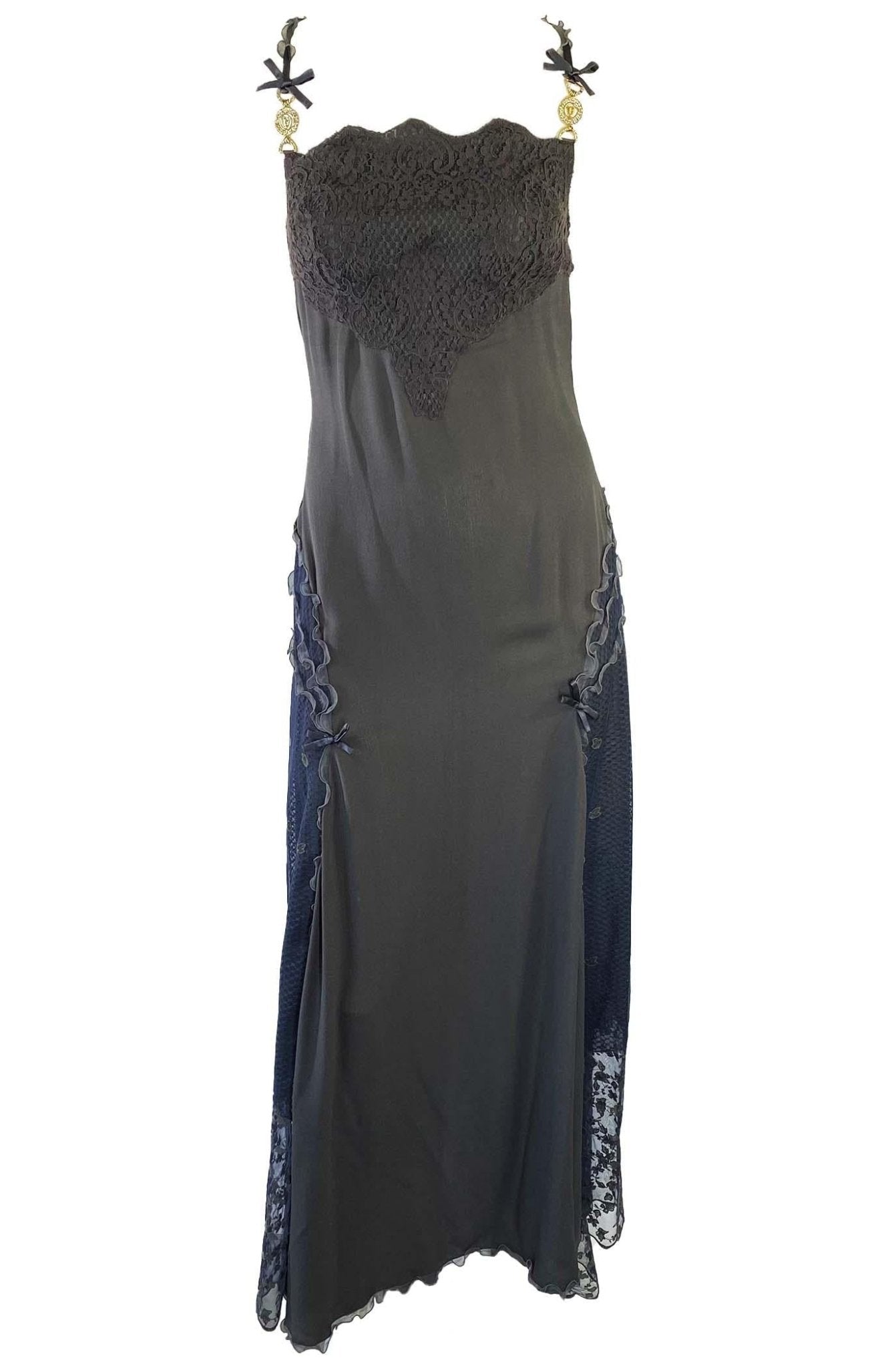 S/S 1997 Gianni Versace Finale Naomi Campbell Grey Lace Gown Logo Strap - RealList