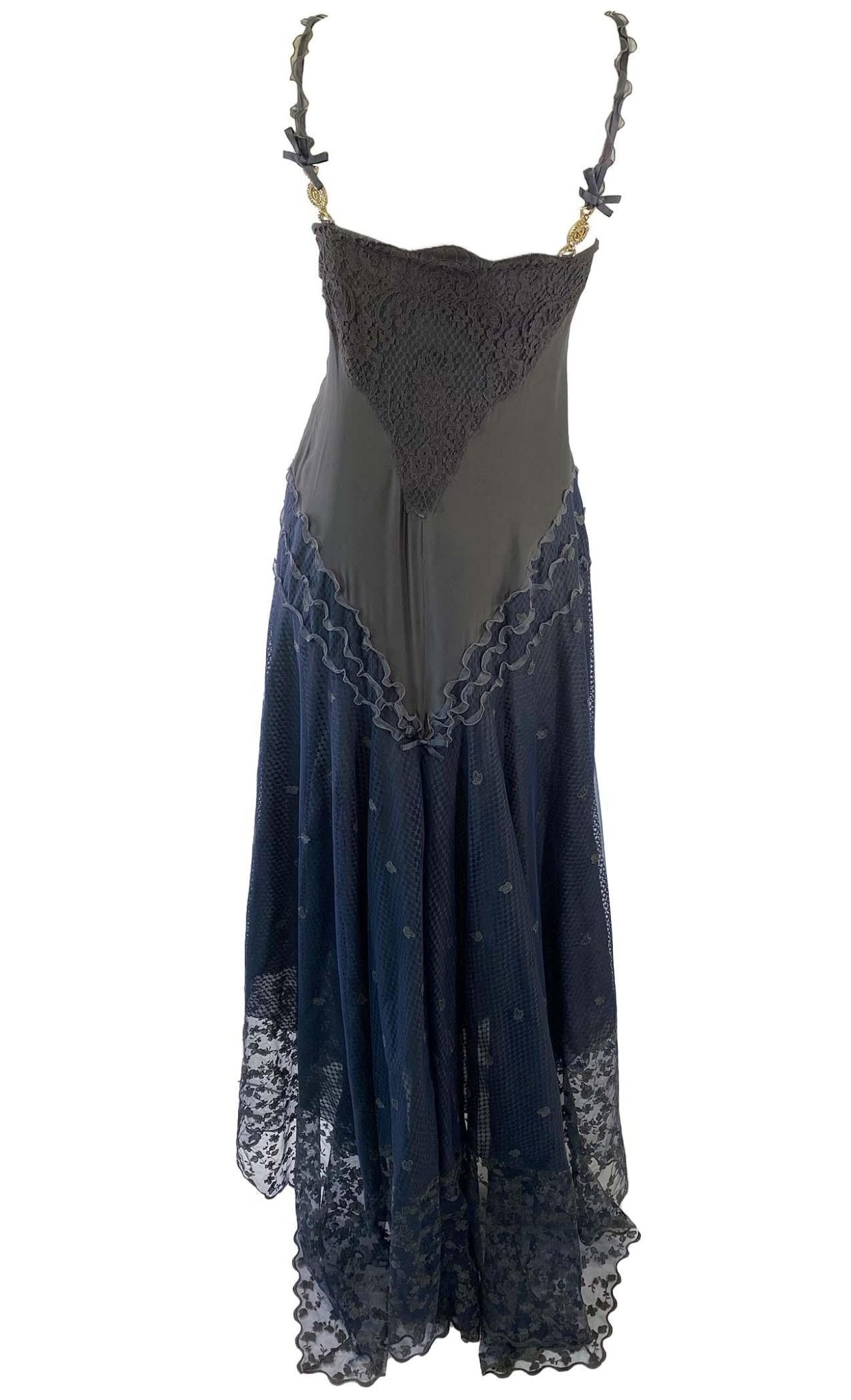 S/S 1997 Gianni Versace Finale Naomi Campbell Grey Lace Gown Logo Strap - RealList