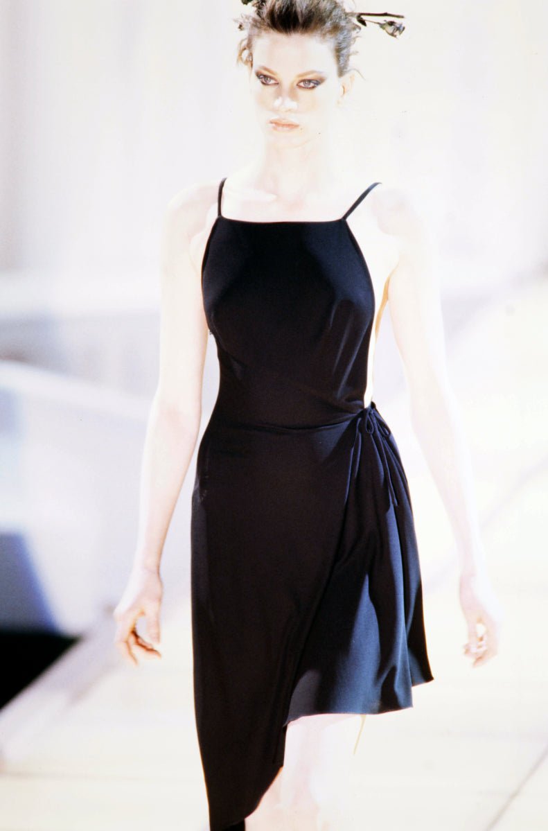 S/S 1997 Gianni Versace Runway Black Stretch Viscose Wrap - Style Asymmetric Dress - RealList