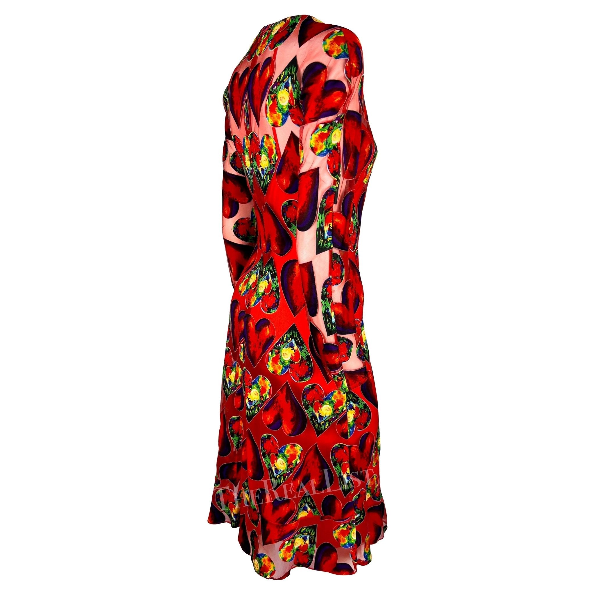 S/S 1997 Gianni Versace Runway Red Sheer Heart Print Bodycon Dress Slip Set - RealList