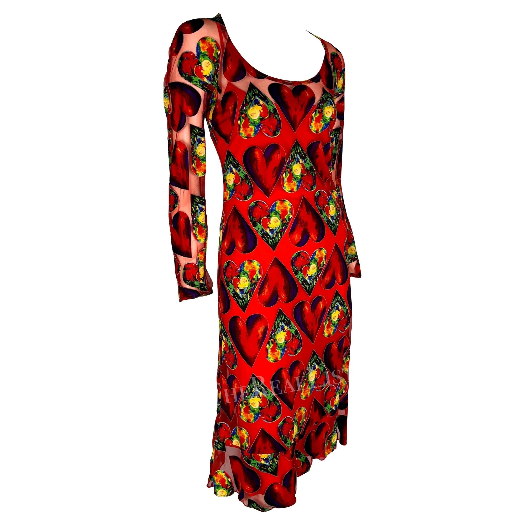 S/S 1997 Gianni Versace Runway Red Sheer Heart Print Bodycon Dress Slip Set - RealList