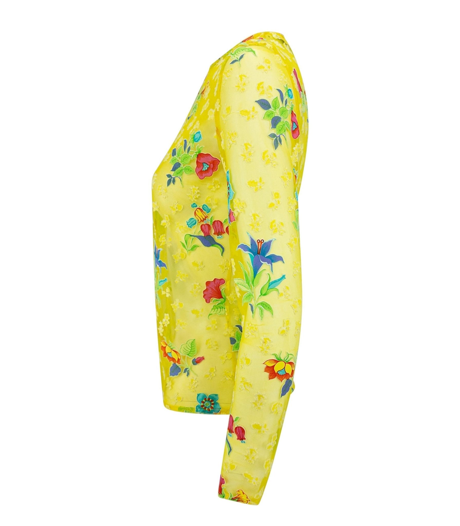 S/S 1997 Gianni Versace Runway Sheer Bright Yellow Mesh Floral Long Sleeve Top - RealList