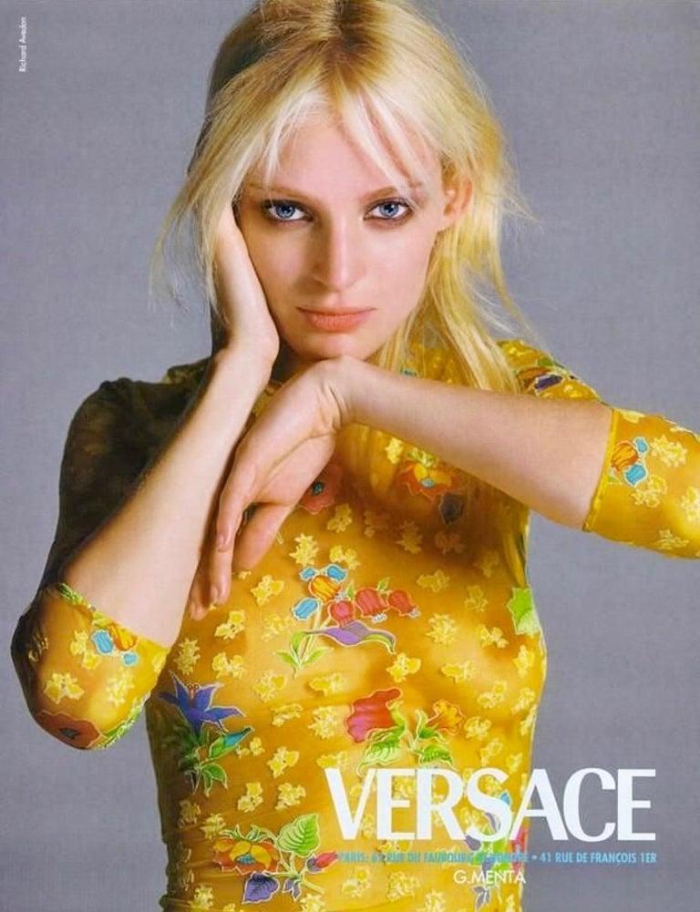 S/S 1997 Gianni Versace Runway Sheer Bright Yellow Mesh Floral Long Sleeve Top - RealList