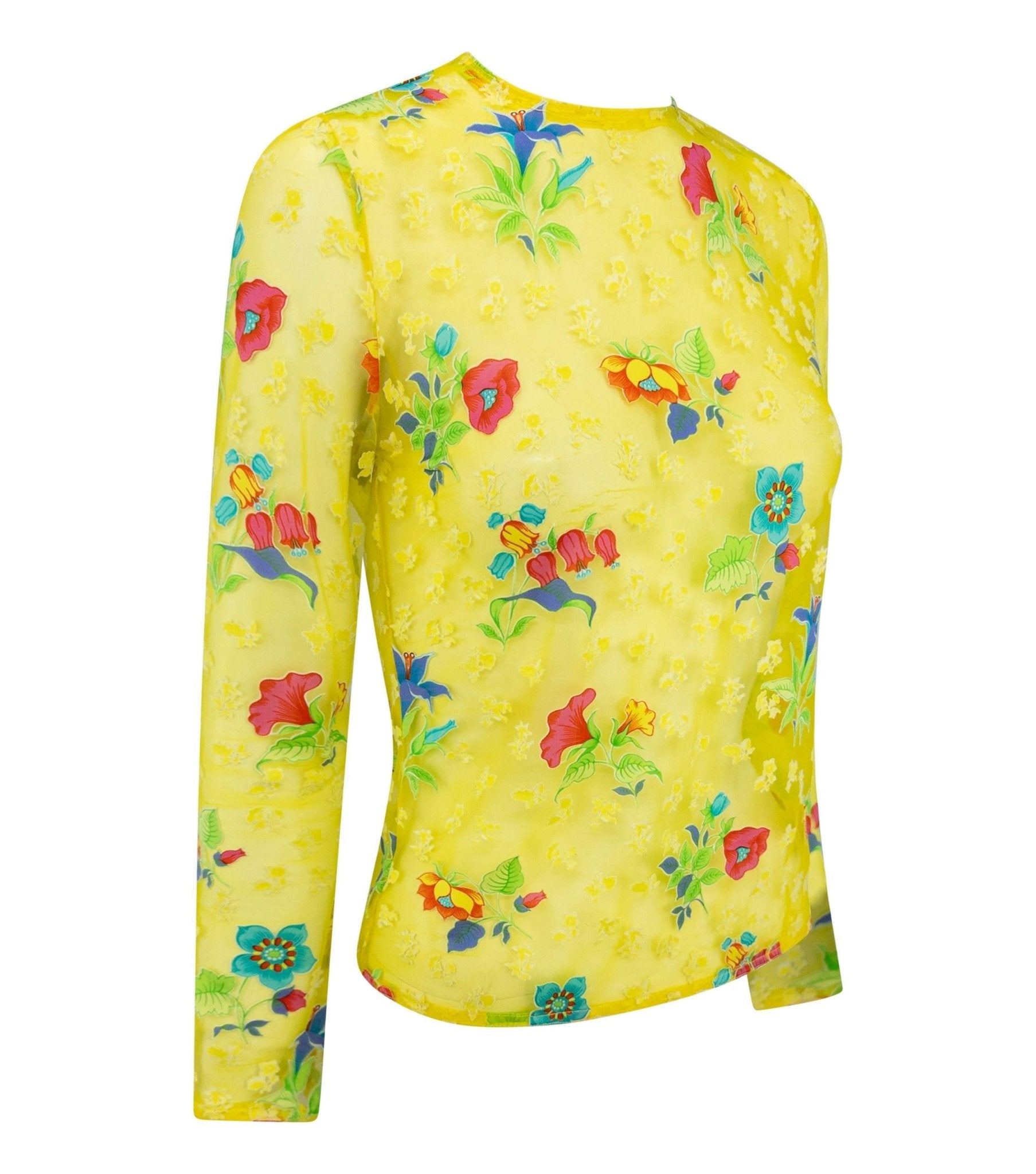 S/S 1997 Gianni Versace Runway Sheer Bright Yellow Mesh Floral Long Sleeve Top - RealList