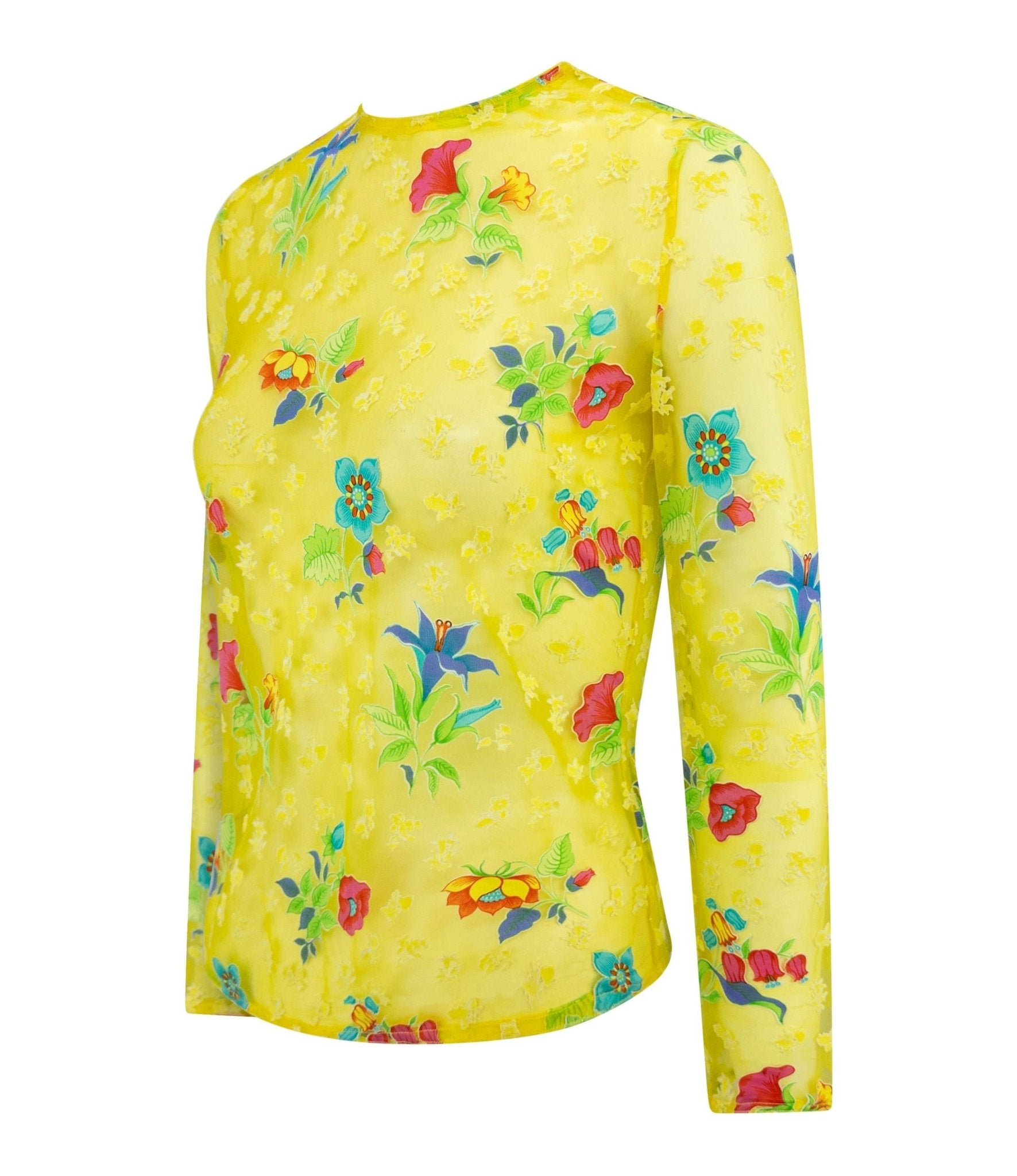 S/S 1997 Gianni Versace Runway Sheer Bright Yellow Mesh Floral Long Sleeve Top - RealList